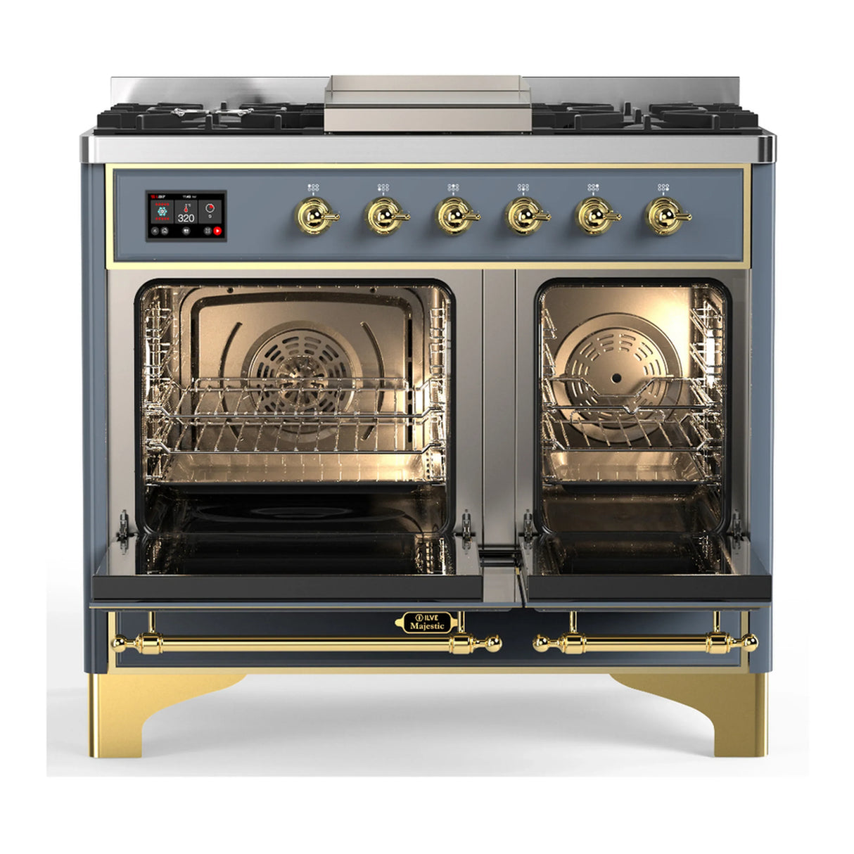 ILVE Majestic III 40-inch Dual Fuel Range with 5 Liquid Propane Burner, Griddle and Solid Door Electric Oven in Blue Grey with Brass Trim (UMD40FQNR3BGGLP)