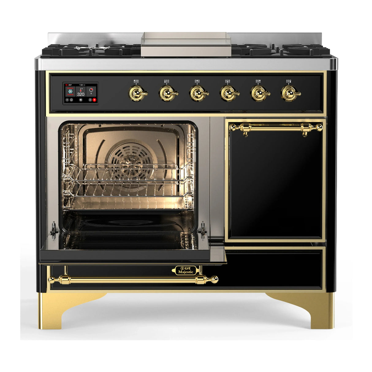 ILVE Majestic III 40-inch Dual Fuel Range with 6 Natural Gas Burner, Griddle and Solid Door Electric Oven in Glossy Black with Brass Trim (UMD40FQNR3BKG)