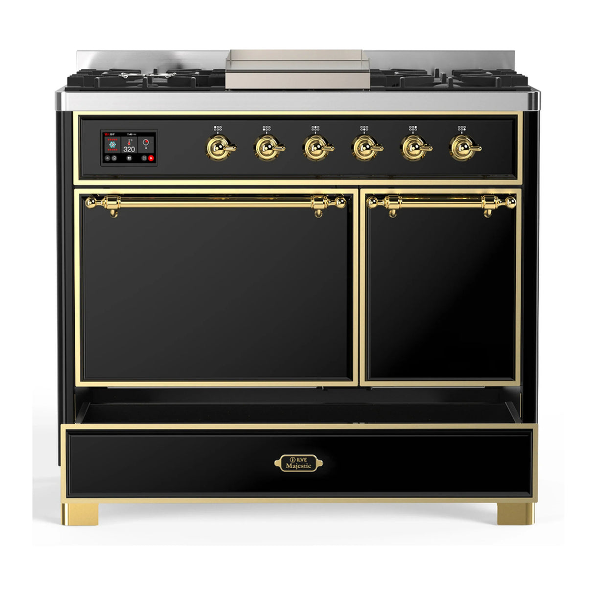 ILVE Majestic III 40-inch Dual Fuel Range with 6 Natural Gas Burner, Griddle and Solid Door Electric Oven in Glossy Black with Brass Trim (UMD40FQNR3BKG)