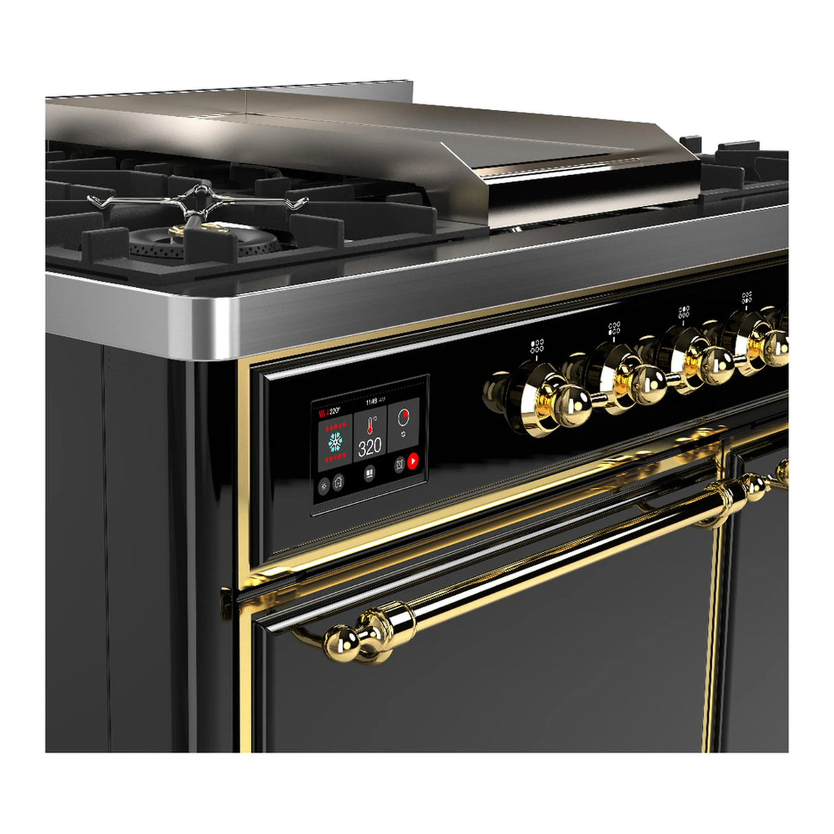 ILVE Majestic III 40-inch Dual Fuel Range with 6 Natural Gas Burner, Griddle and Solid Door Electric Oven in Glossy Black with Brass Trim (UMD40FQNR3BKG)