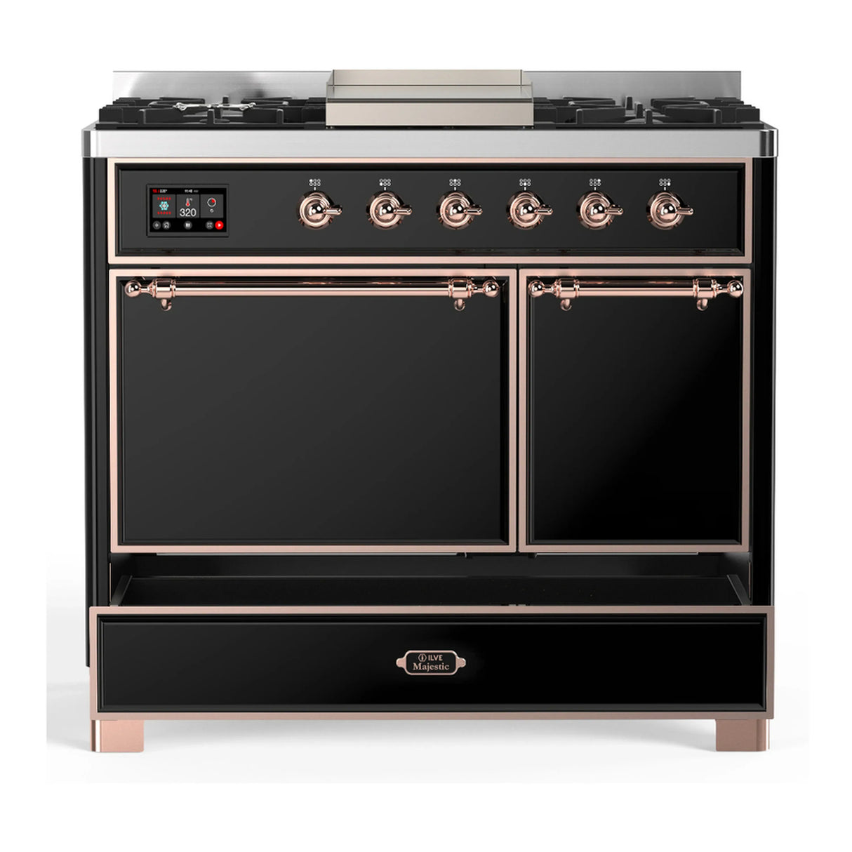 ILVE Majestic III 40-inch Dual Fuel Range with 6 Natural Gas Burner, Griddle and Solid Door Electric Oven in Glossy Black with Copper Trim (UMD40FQNR3BKP)
