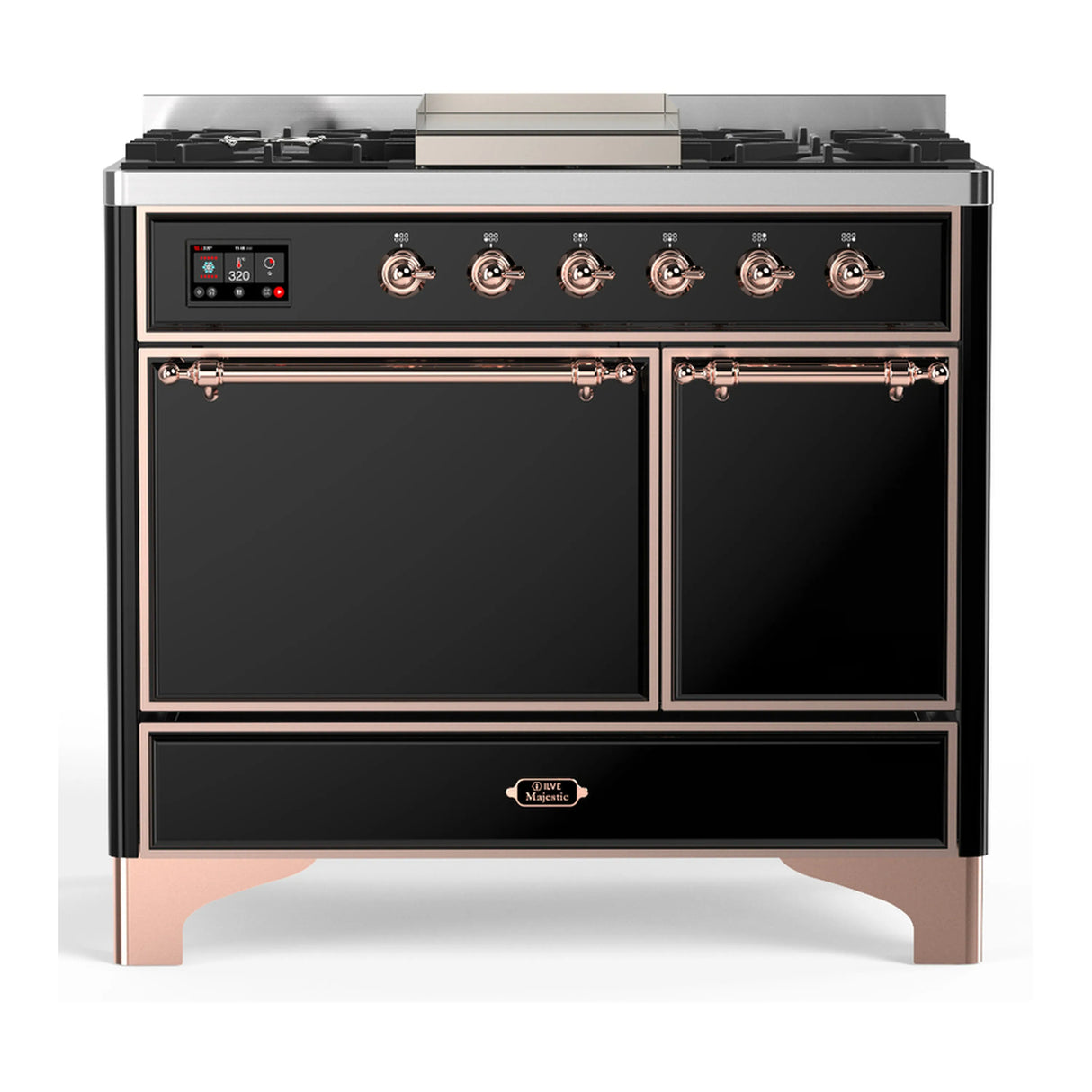 ILVE Majestic III 40-inch Dual Fuel Range with 6 Natural Gas Burner, Griddle and Solid Door Electric Oven in Glossy Black with Copper Trim (UMD40FQNR3BKP)