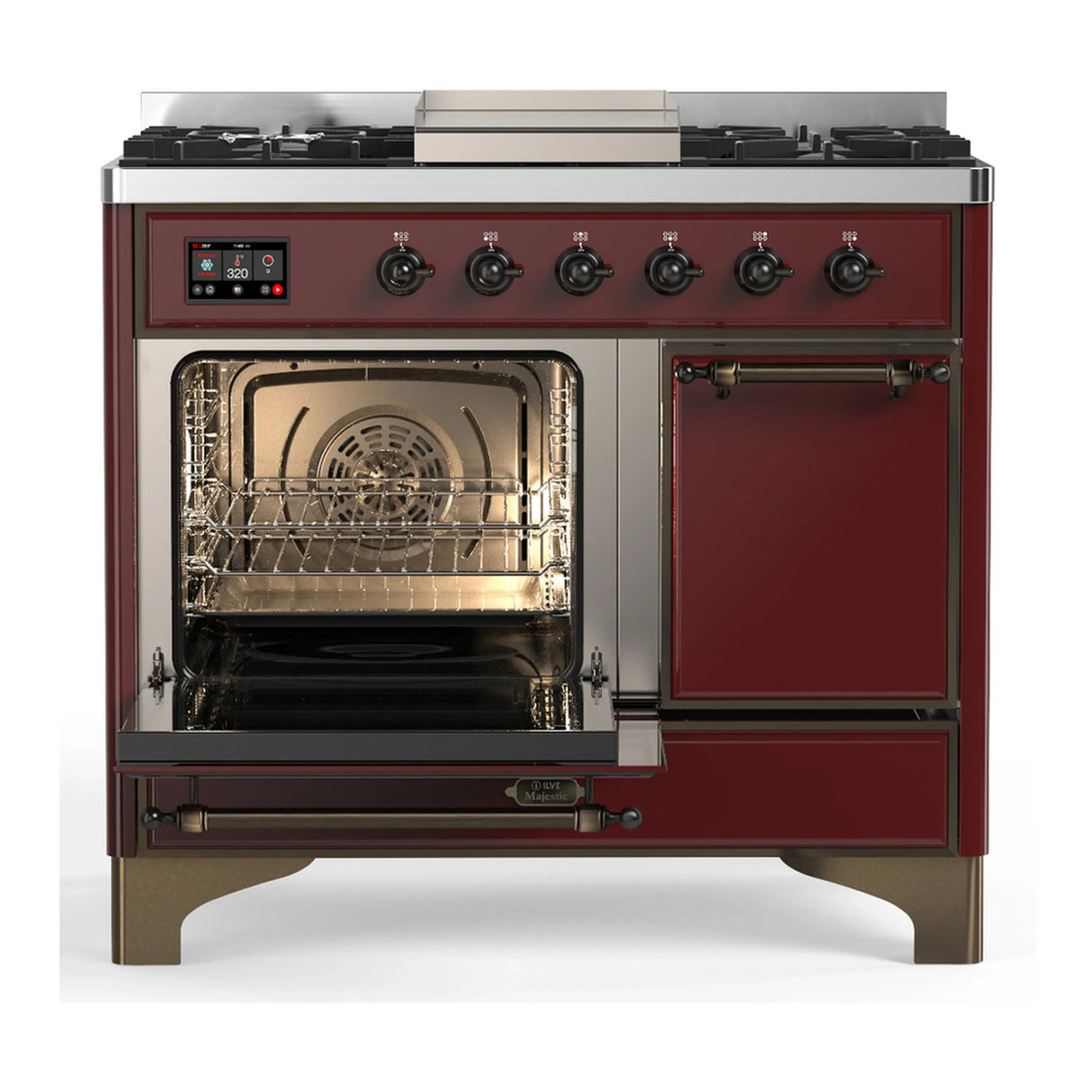 ILVE Majestic III 40-inch Dual Fuel Range with 5 Liquid Propane Burner, Griddle and Solid Door Electric Oven in Burgundy with Burnished Trim (UMD40FQNR3BUBLP)