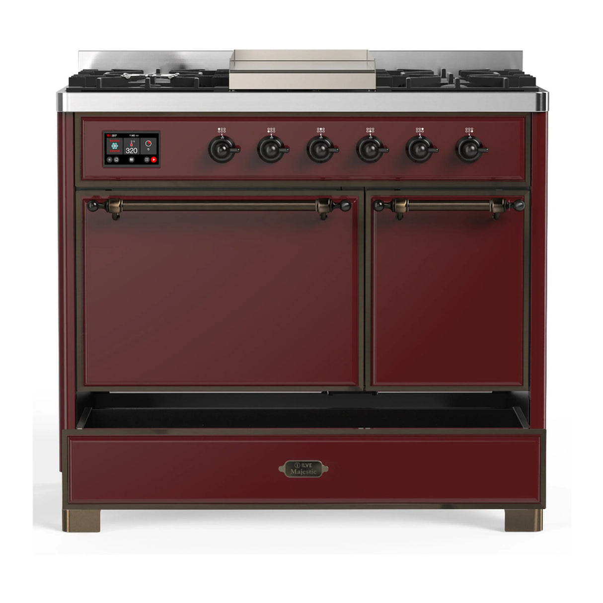 ILVE Majestic III 40-inch Dual Fuel Range with 5 Liquid Propane Burner, Griddle and Solid Door Electric Oven in Burgundy with Burnished Trim (UMD40FQNR3BUBLP)