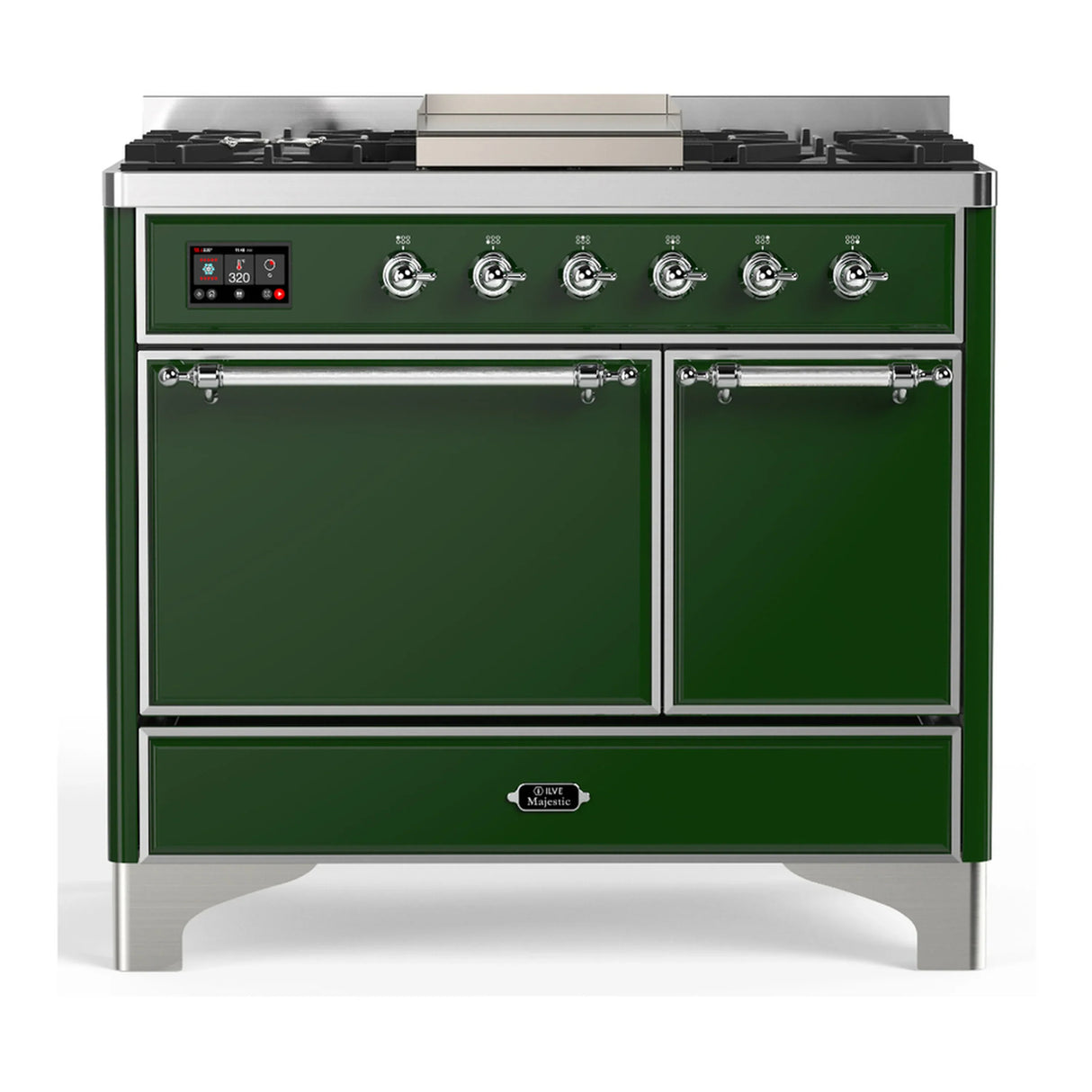 ILVE Majestic III 40-inch Dual Fuel Range with 5 Liquid Propane Burner, Griddle and Solid Door Electric Oven in Emerald Green with Chrome Trim (UMD40FQNR3EGCLP)