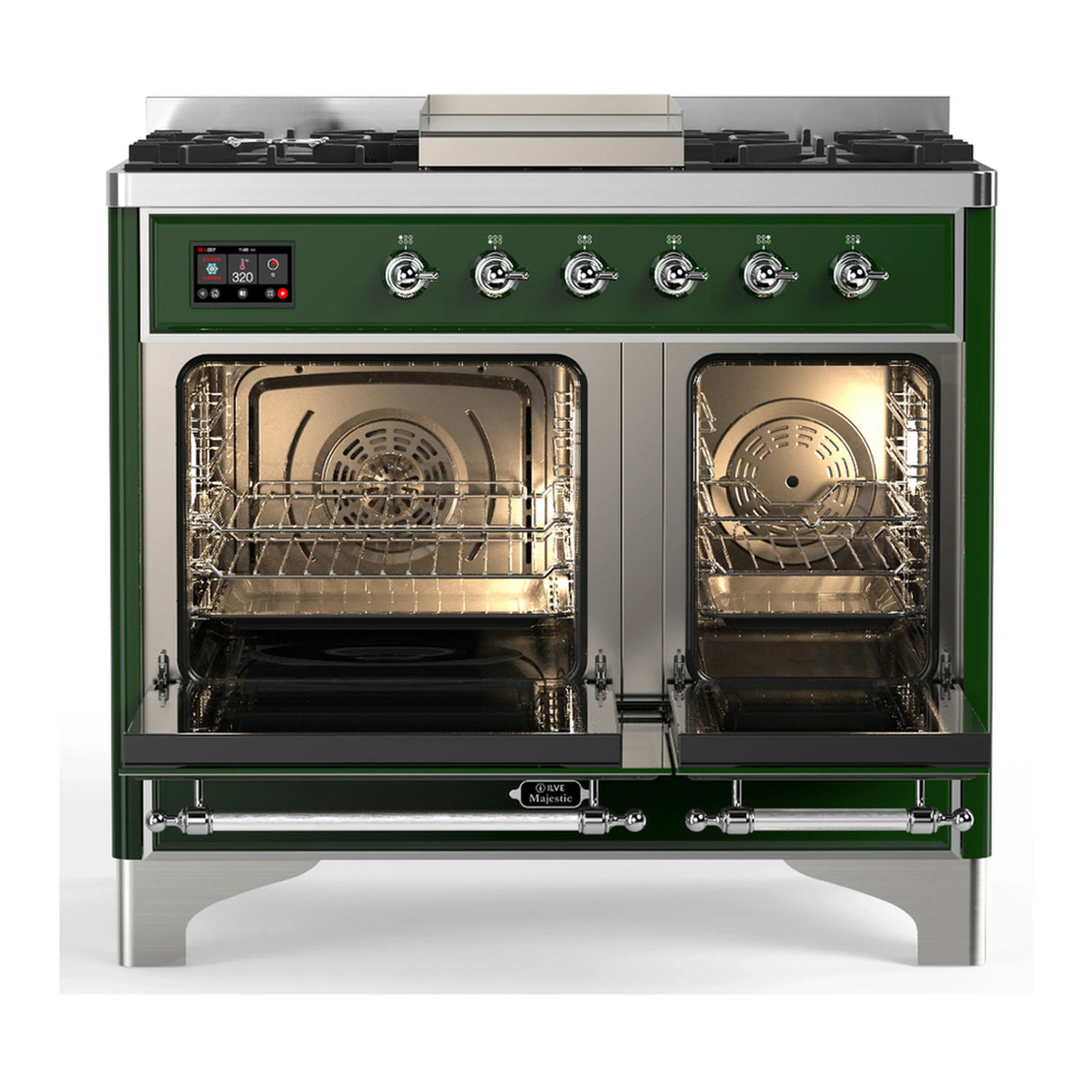 ILVE Majestic III 40-inch Dual Fuel Range with 5 Liquid Propane Burner, Griddle and Solid Door Electric Oven in Emerald Green with Chrome Trim (UMD40FQNR3EGCLP)