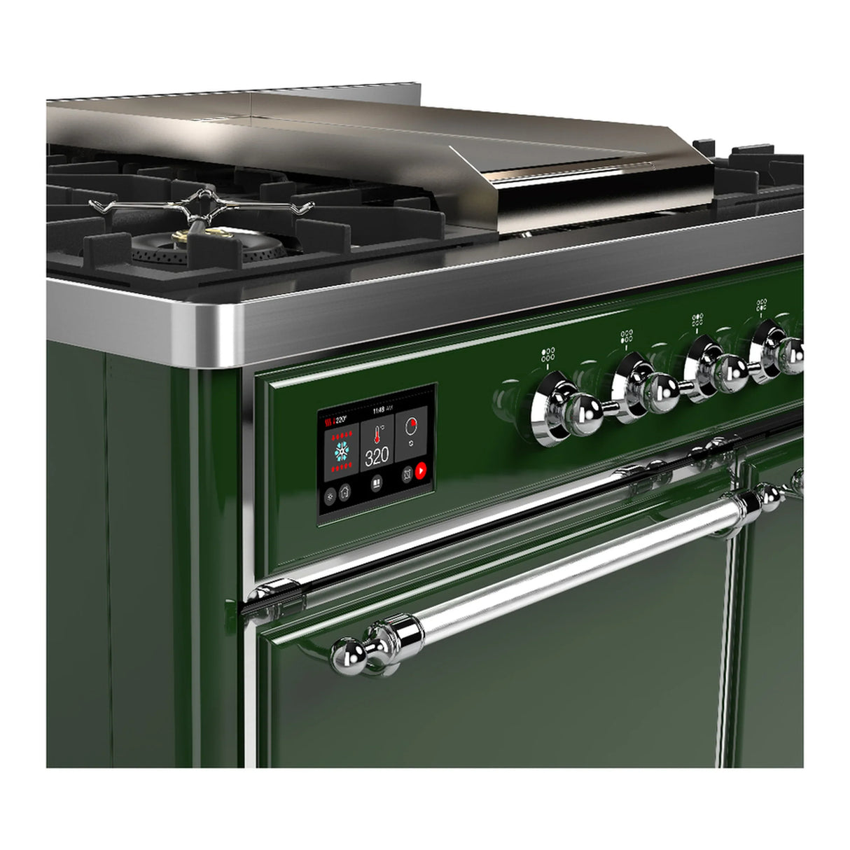 ILVE Majestic III 40-inch Dual Fuel Range with 5 Liquid Propane Burner, Griddle and Solid Door Electric Oven in Emerald Green with Chrome Trim (UMD40FQNR3EGCLP)