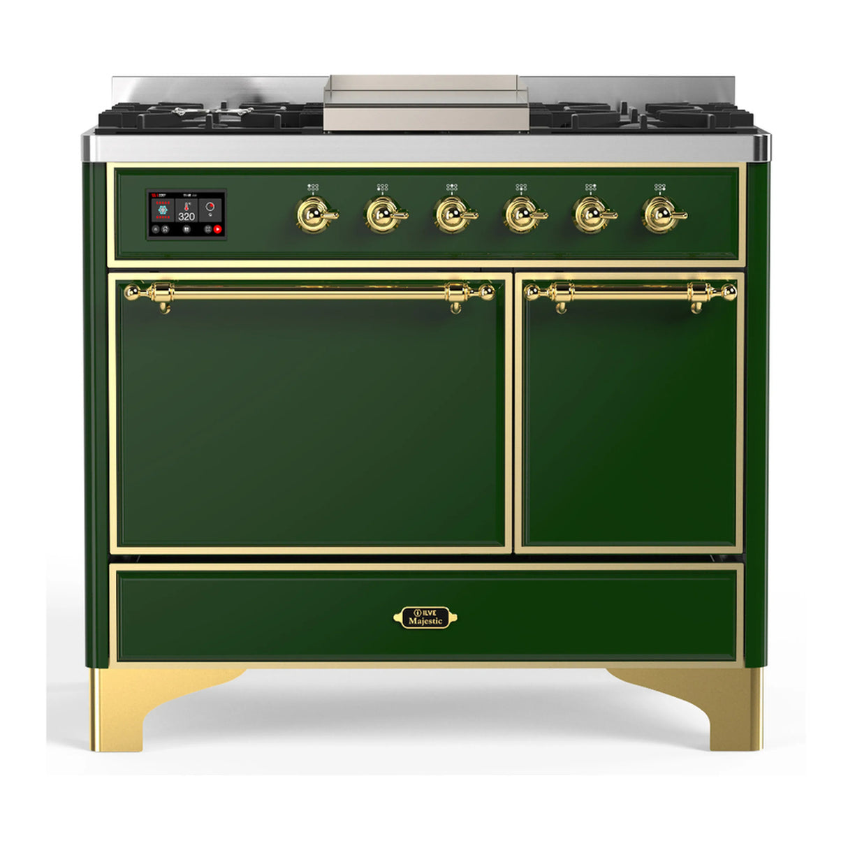 ILVE Majestic III 40-inch Dual Fuel Range with 5 Liquid Propane Burner, Griddle and Solid Door Electric Oven in Emerald Green with Brass Trim (UMD40FQNR3EGGLP)