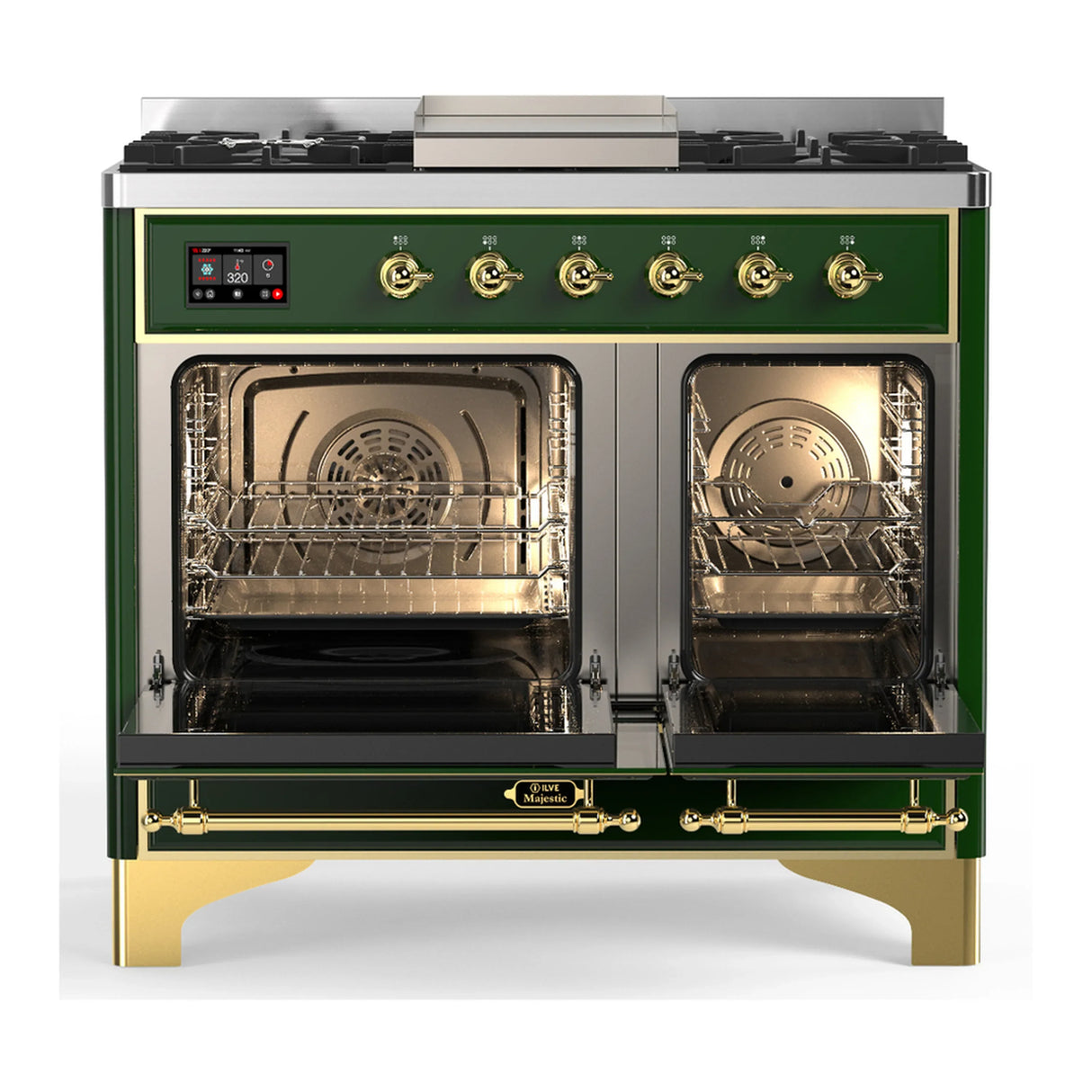 ILVE Majestic III 40-inch Dual Fuel Range with 5 Liquid Propane Burner, Griddle and Solid Door Electric Oven in Emerald Green with Brass Trim (UMD40FQNR3EGGLP)