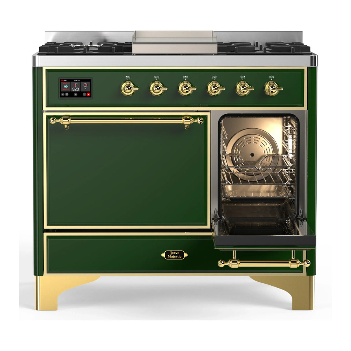 ILVE Majestic III 40-inch Dual Fuel Range with 5 Liquid Propane Burner, Griddle and Solid Door Electric Oven in Emerald Green with Brass Trim (UMD40FQNR3EGGLP)