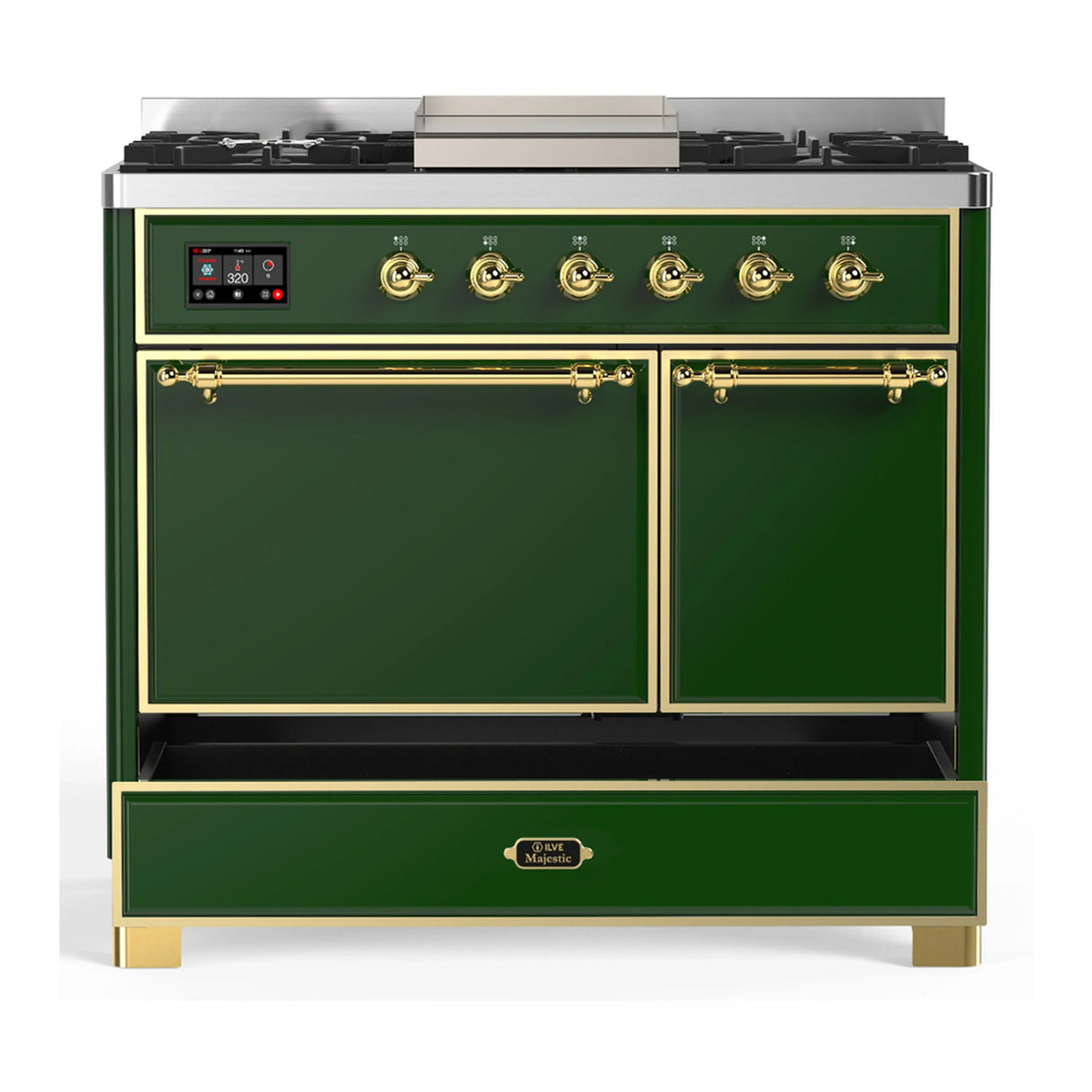 ILVE Majestic III 40-inch Dual Fuel Range with 5 Liquid Propane Burner, Griddle and Solid Door Electric Oven in Emerald Green with Brass Trim (UMD40FQNR3EGGLP)