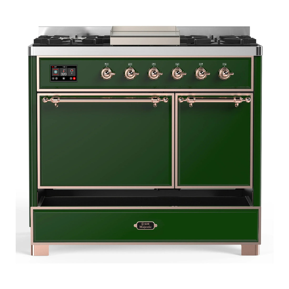 ILVE Majestic III 40-inch Dual Fuel Range with 6 Natural Gas Burner, Griddle and Solid Door Electric Oven in Emerald Green with Copper Trim (UMD40FQNR3EGP)