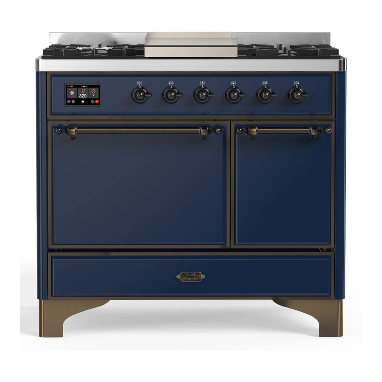 ILVE Majestic III 40-inch Dual Fuel Range with 5 Liquid Propane Burner, Griddle and Solid Door Electric Oven in Midnight Blue with Burnished Trim (UMD40FQNR3MBBLP)