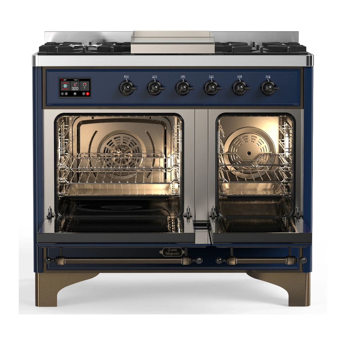 ILVE Majestic III 40-inch Dual Fuel Range with 5 Liquid Propane Burner, Griddle and Solid Door Electric Oven in Midnight Blue with Burnished Trim (UMD40FQNR3MBBLP)