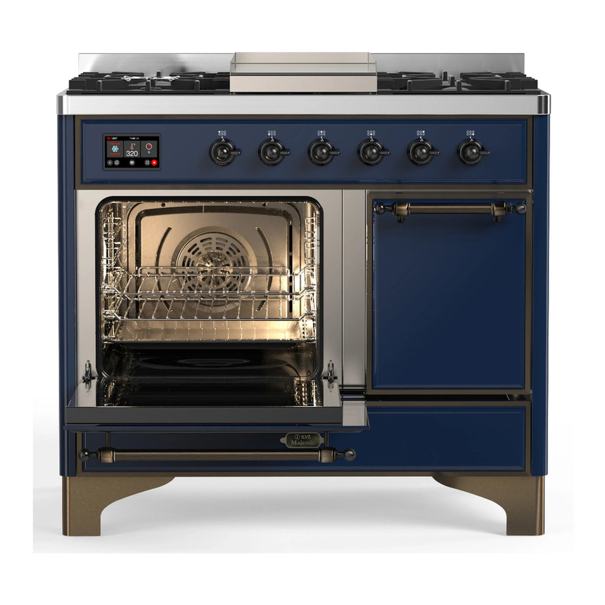 ILVE Majestic III 40-inch Dual Fuel Range with 5 Liquid Propane Burner, Griddle and Solid Door Electric Oven in Midnight Blue with Burnished Trim (UMD40FQNR3MBBLP)