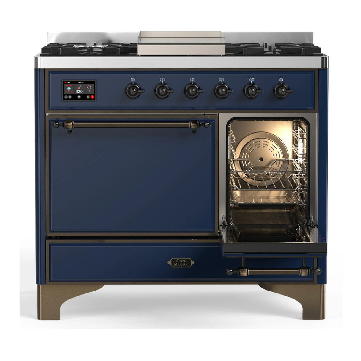 ILVE Majestic III 40-inch Dual Fuel Range with 5 Liquid Propane Burner, Griddle and Solid Door Electric Oven in Midnight Blue with Burnished Trim (UMD40FQNR3MBBLP)