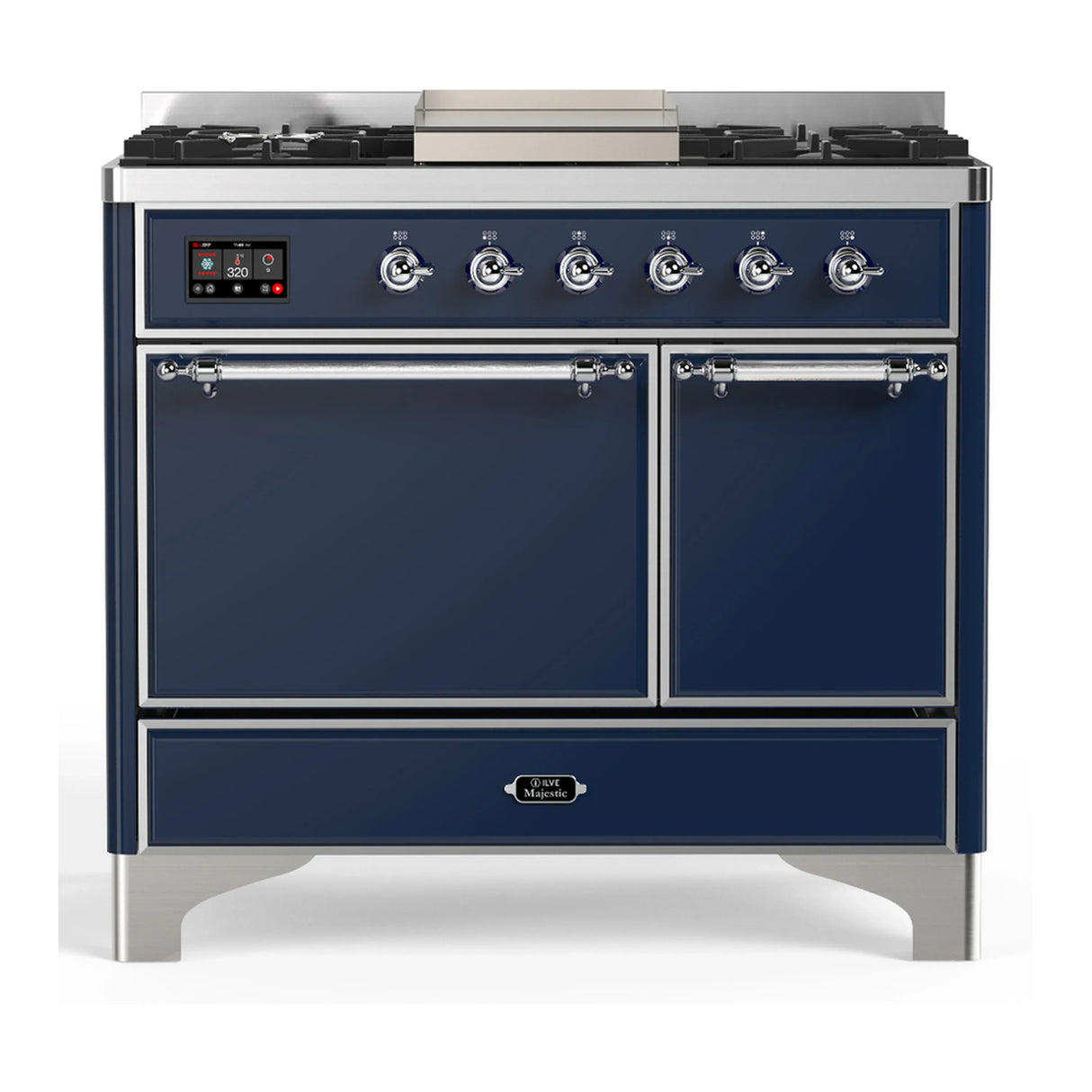 ILVE Majestic III 40-inch Dual Fuel Range with 6 Natural Gas Burner, Griddle and Solid Door Electric Oven in Midnight Blue with Chrome Trim (UMD40FQNR3MBC)