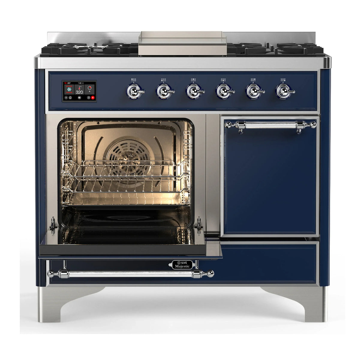 ILVE Majestic III 40-inch Dual Fuel Range with 6 Natural Gas Burner, Griddle and Solid Door Electric Oven in Midnight Blue with Chrome Trim (UMD40FQNR3MBC)