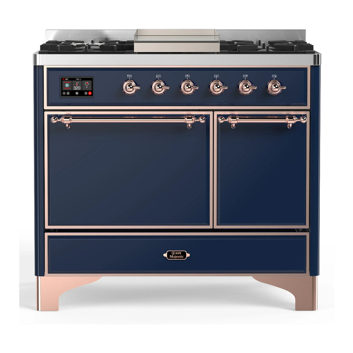 ILVE Majestic III 40-inch Dual Fuel Range with 5 Liquid Propane Burner, Griddle and Solid Door Electric Oven in Midnight Blue with Copper Trim (UMD40FQNR3MBPLP)