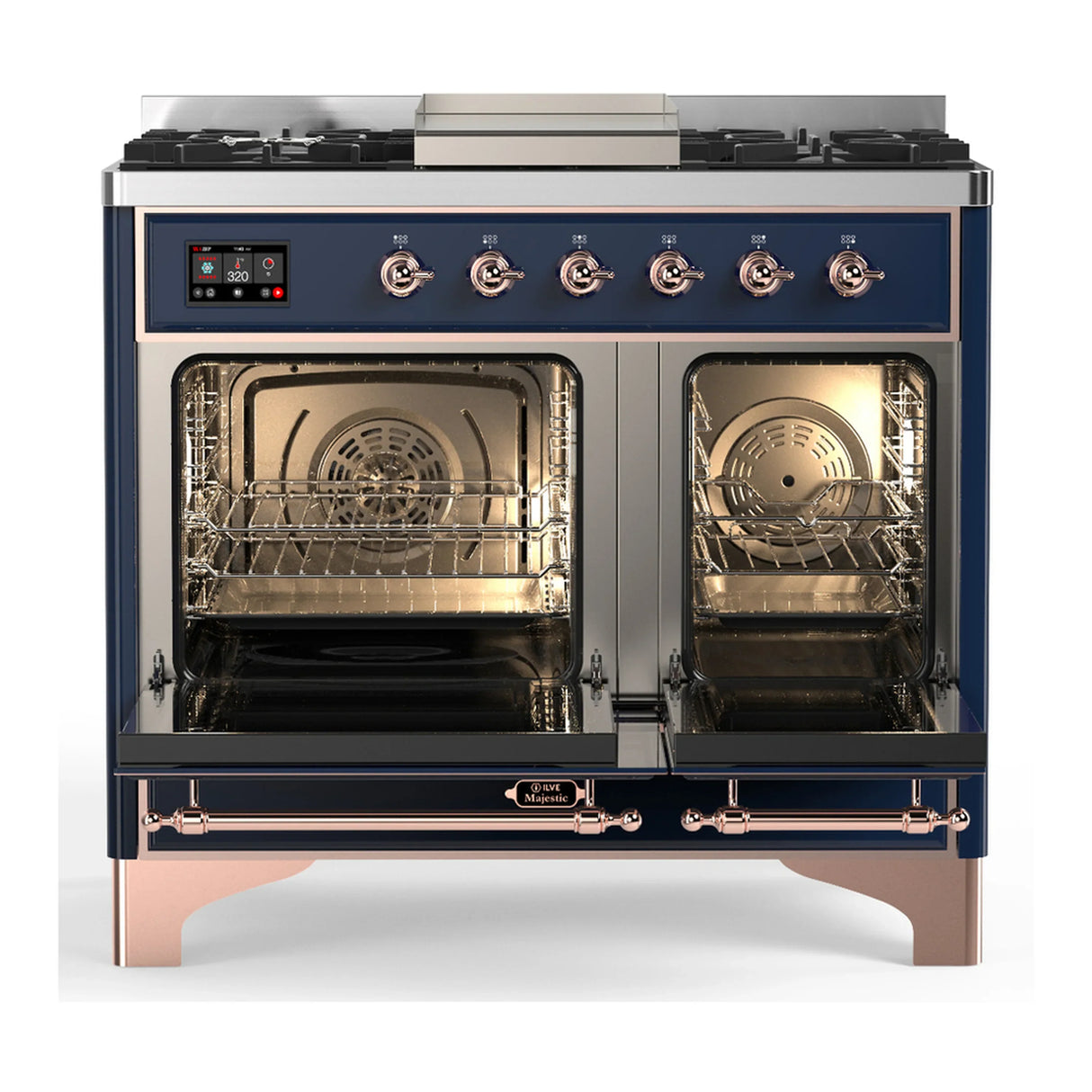 ILVE Majestic III 40-inch Dual Fuel Range with 5 Liquid Propane Burner, Griddle and Solid Door Electric Oven in Midnight Blue with Copper Trim (UMD40FQNR3MBPLP)