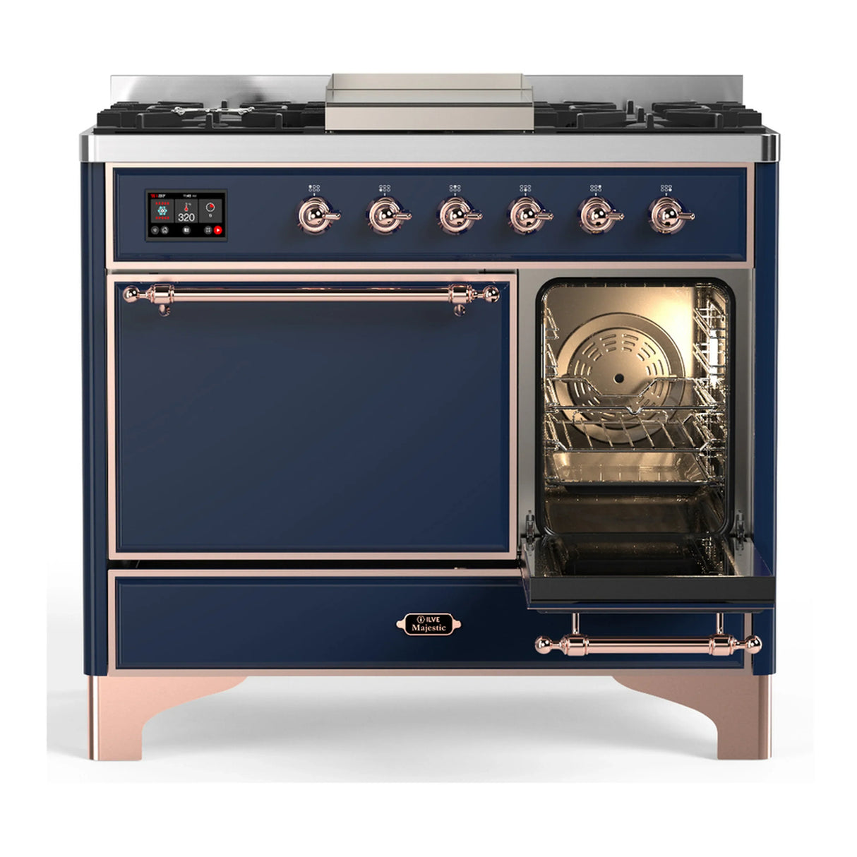 ILVE Majestic III 40-inch Dual Fuel Range with 5 Liquid Propane Burner, Griddle and Solid Door Electric Oven in Midnight Blue with Copper Trim (UMD40FQNR3MBPLP)