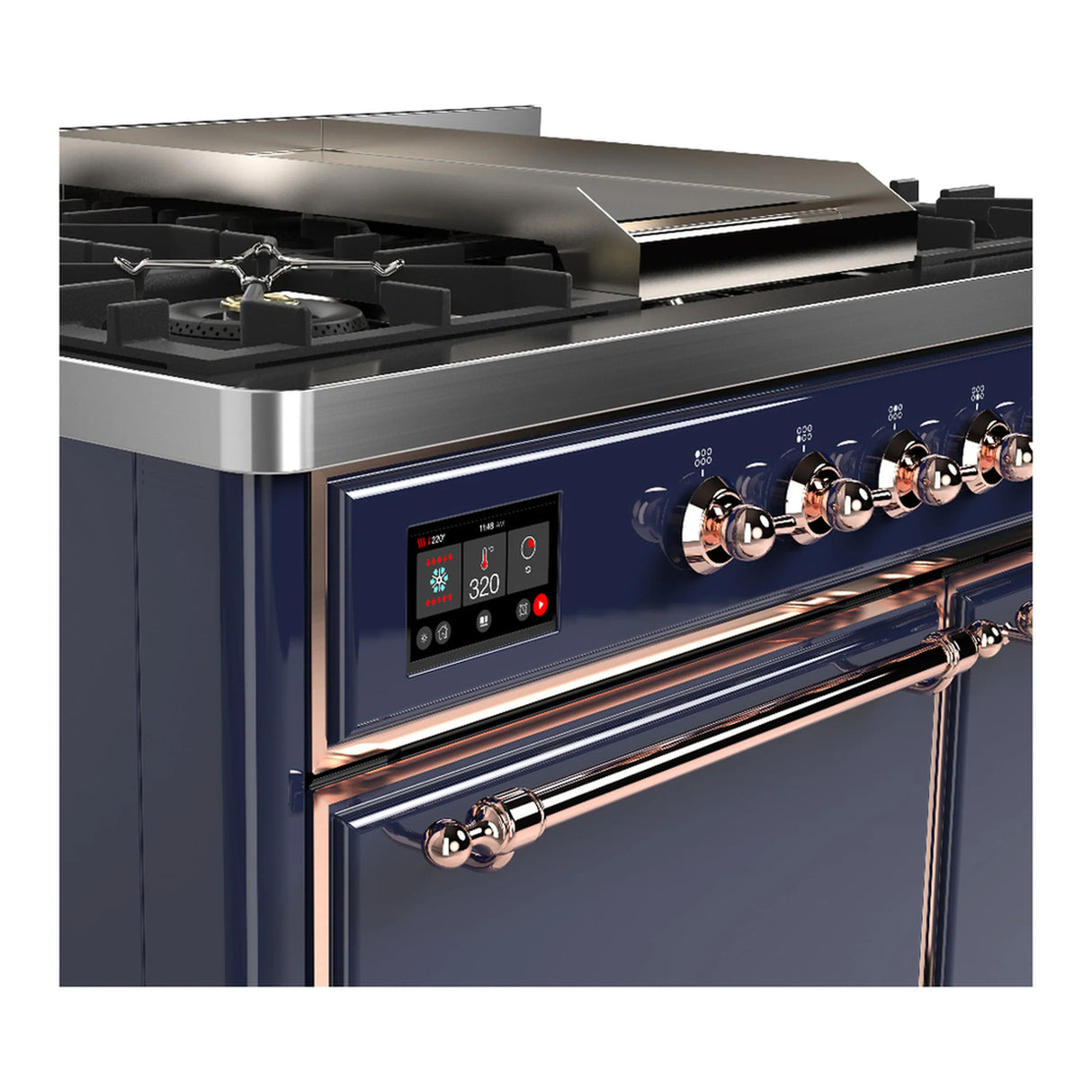 ILVE Majestic III 40-inch Dual Fuel Range with 5 Liquid Propane Burner, Griddle and Solid Door Electric Oven in Midnight Blue with Copper Trim (UMD40FQNR3MBPLP)