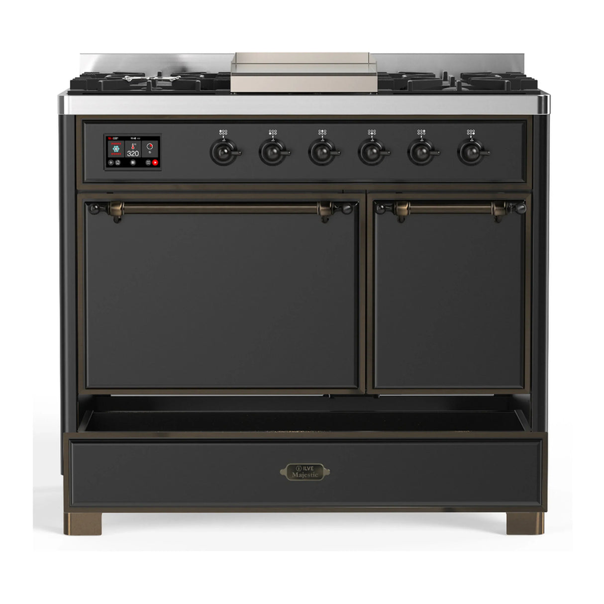 ILVE Majestic III 40-inch Dual Fuel Range with 6 Natural Gas Burner, Griddle and Solid Door Electric Oven in Graphite Matte with Burnished Trim (UMD40FQNR3MGB)