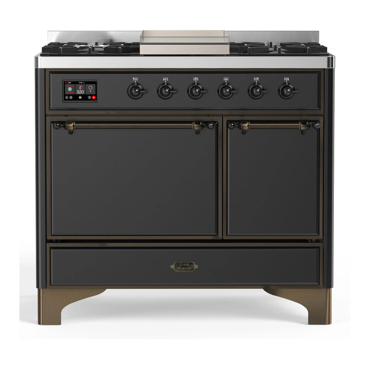 ILVE Majestic III 40-inch Dual Fuel Range with 5 Liquid Propane Burner, Griddle and Solid Door Electric Oven in Graphite Matte with Burnished Trim (UMD40FQNR3MGBLP)