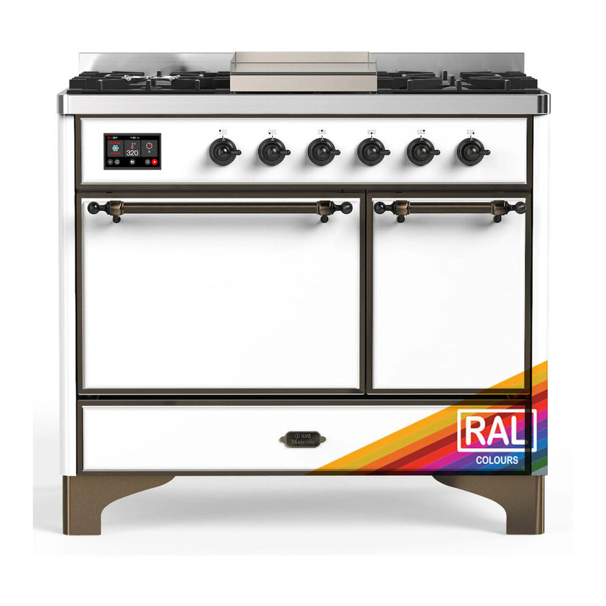 ILVE Majestic III 40-inch Dual Fuel Range with 5 Liquid Propane Burner, Griddle and Solid Door Electric Oven in RAL with Burnished Trim (UMD40FQNR3RABLP)