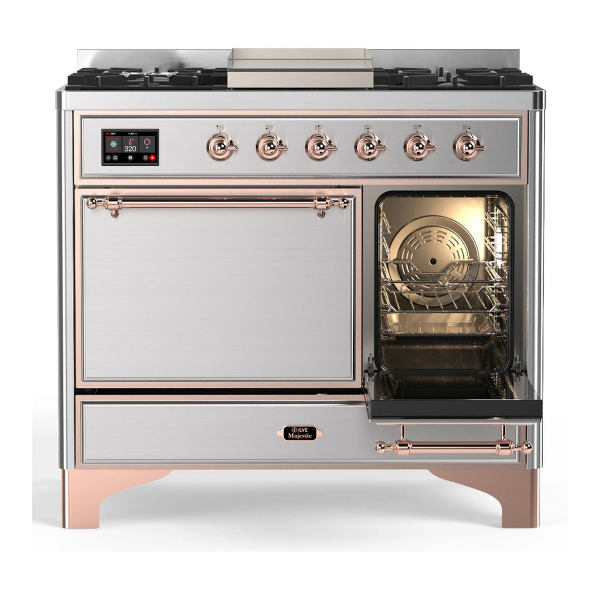ILVE Majestic III 40-inch Dual Fuel Range with 6 Natural Gas Burner, Griddle and Solid Door Electric Oven in Stainless Steel with Copper Trim (UMD40FQNR3SSP)