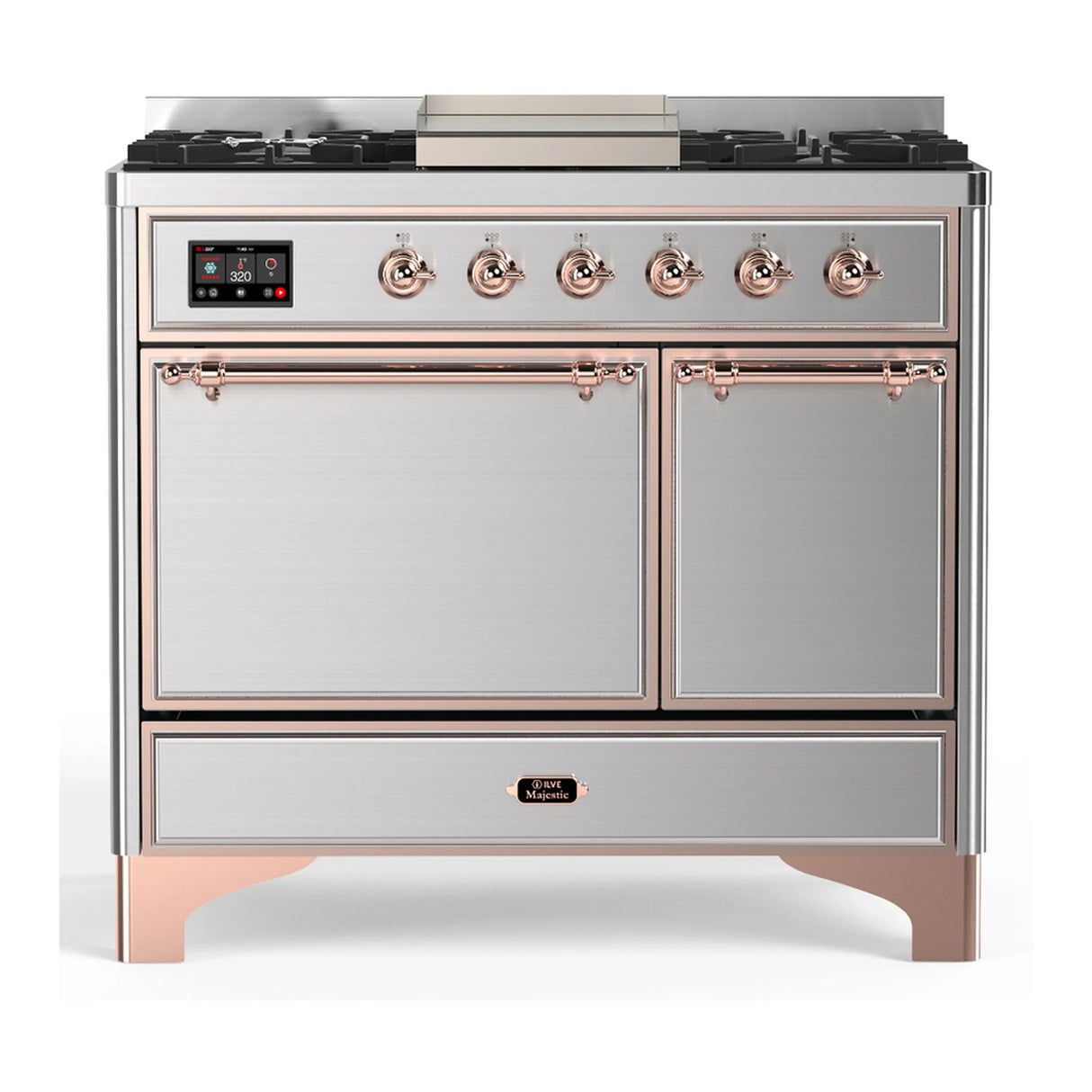 ILVE Majestic III 40-inch Dual Fuel Range with 6 Natural Gas Burner, Griddle and Solid Door Electric Oven in Stainless Steel with Copper Trim (UMD40FQNR3SSP)