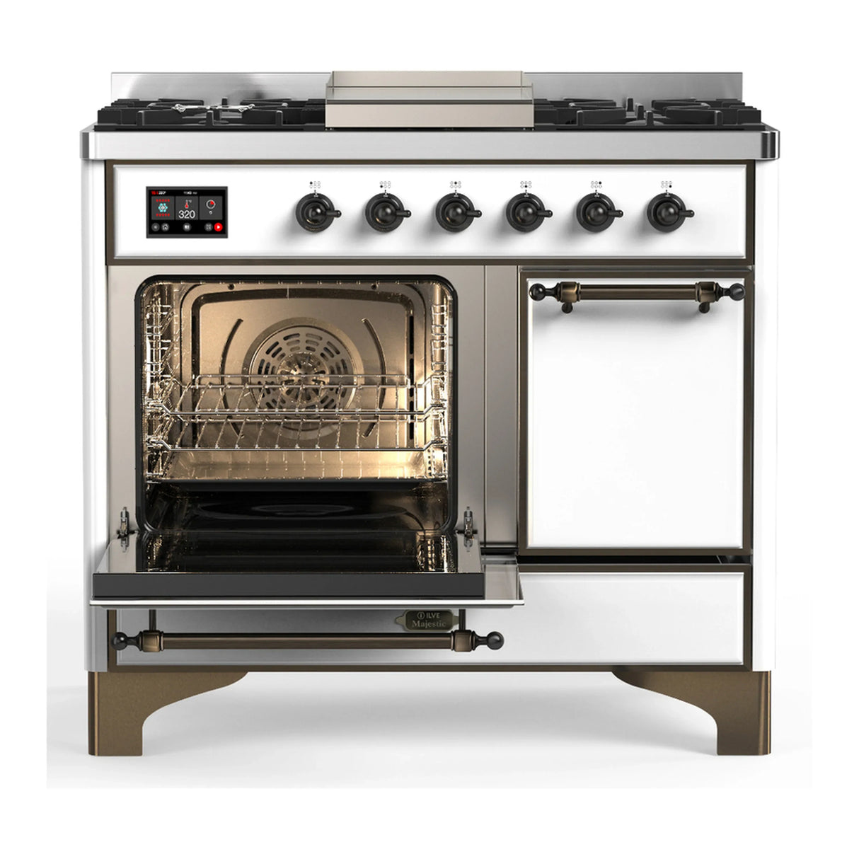 ILVE Majestic III 40-inch Dual Fuel Range with 5 Liquid Propane Burner, Griddle and Solid Door Electric Oven in White with Burnished Trim (UMD40FQNR3WHBLP)