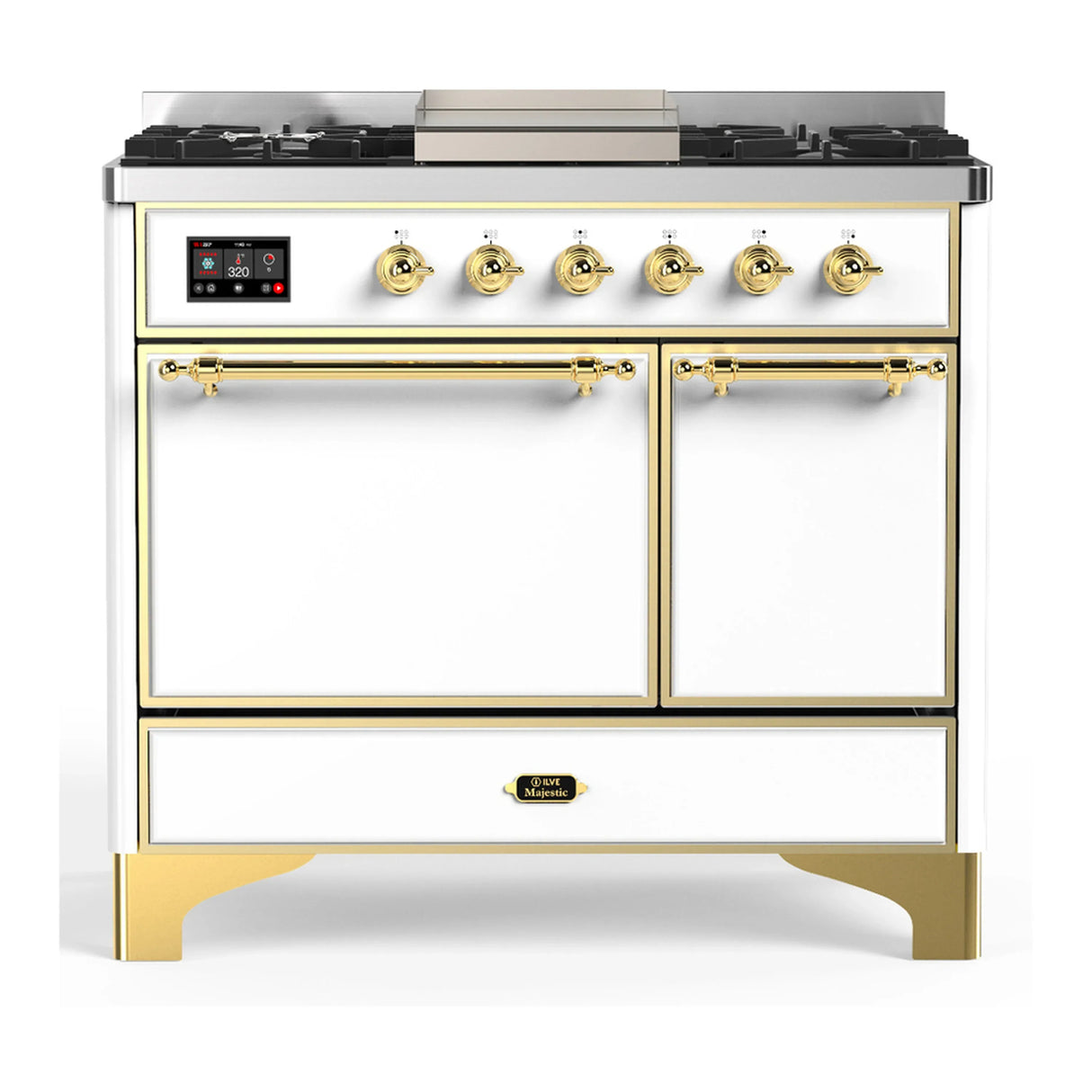 ILVE Majestic III 40-inch Dual Fuel Range with 5 Liquid Propane Burner, Griddle and Solid Door Electric Oven in White with Brass Trim (UMD40FQNR3WHGLP)