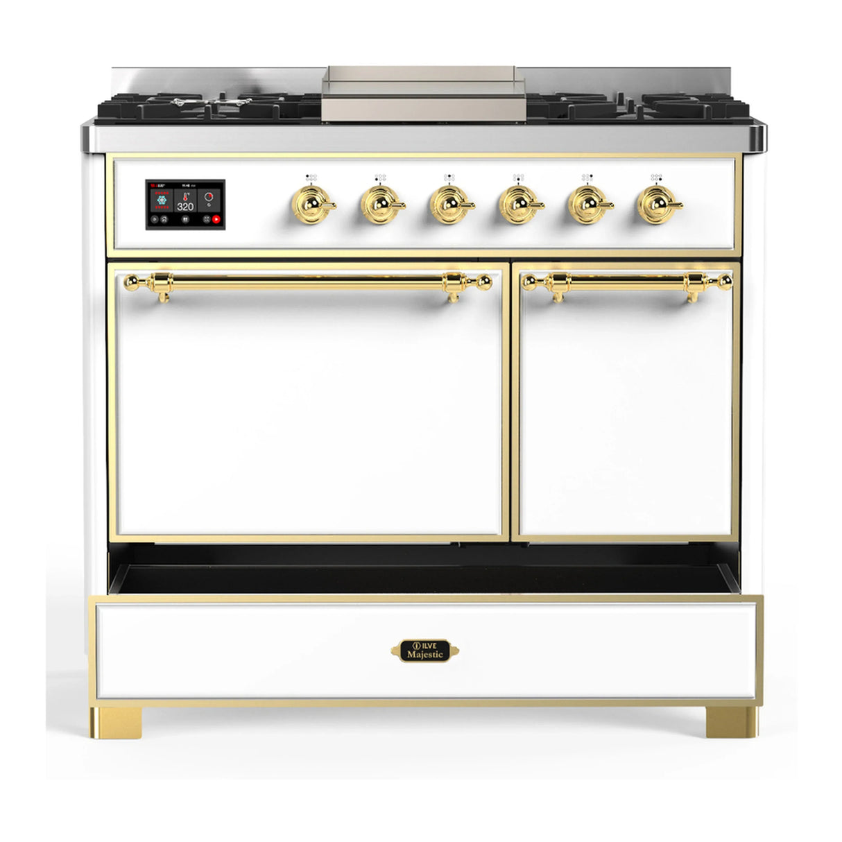 ILVE Majestic III 40-inch Dual Fuel Range with 5 Liquid Propane Burner, Griddle and Solid Door Electric Oven in White with Brass Trim (UMD40FQNR3WHGLP)