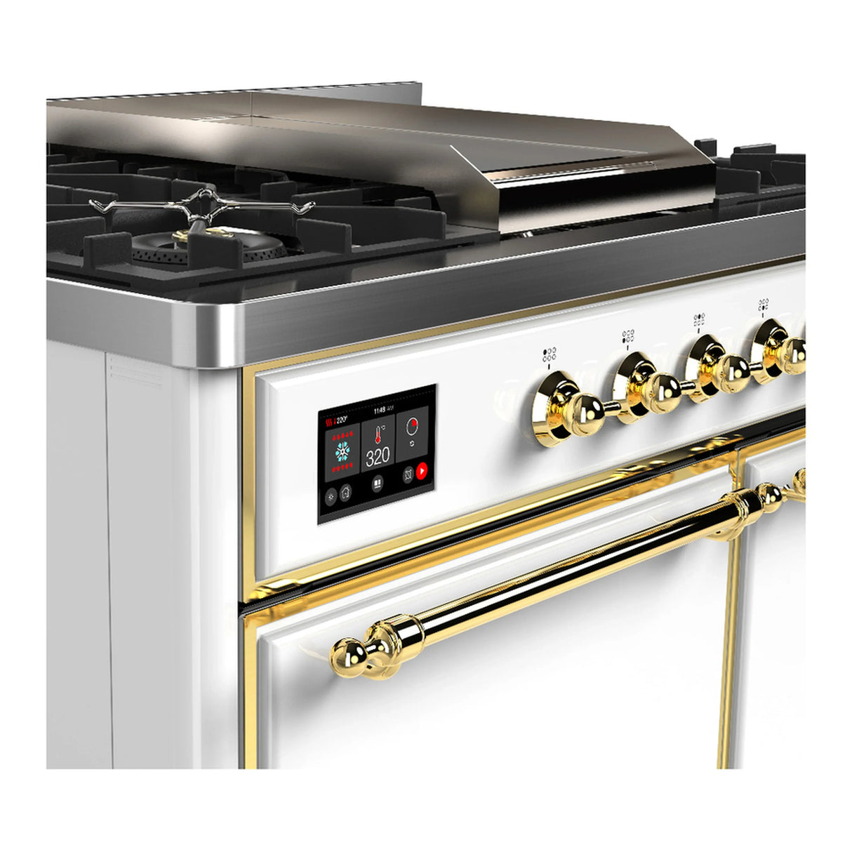 ILVE Majestic III 40-inch Dual Fuel Range with 5 Liquid Propane Burner, Griddle and Solid Door Electric Oven in White with Brass Trim (UMD40FQNR3WHGLP)