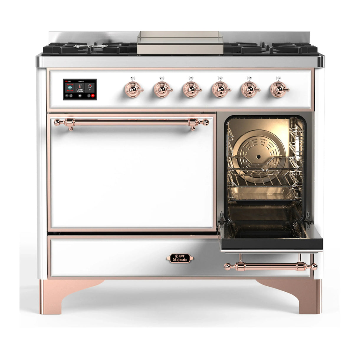 ILVE Majestic III 40-inch Dual Fuel Range with 5 Liquid Propane Burner, Griddle and Solid Door Electric Oven in White with Copper Trim (UMD40FQNR3WHPLP)