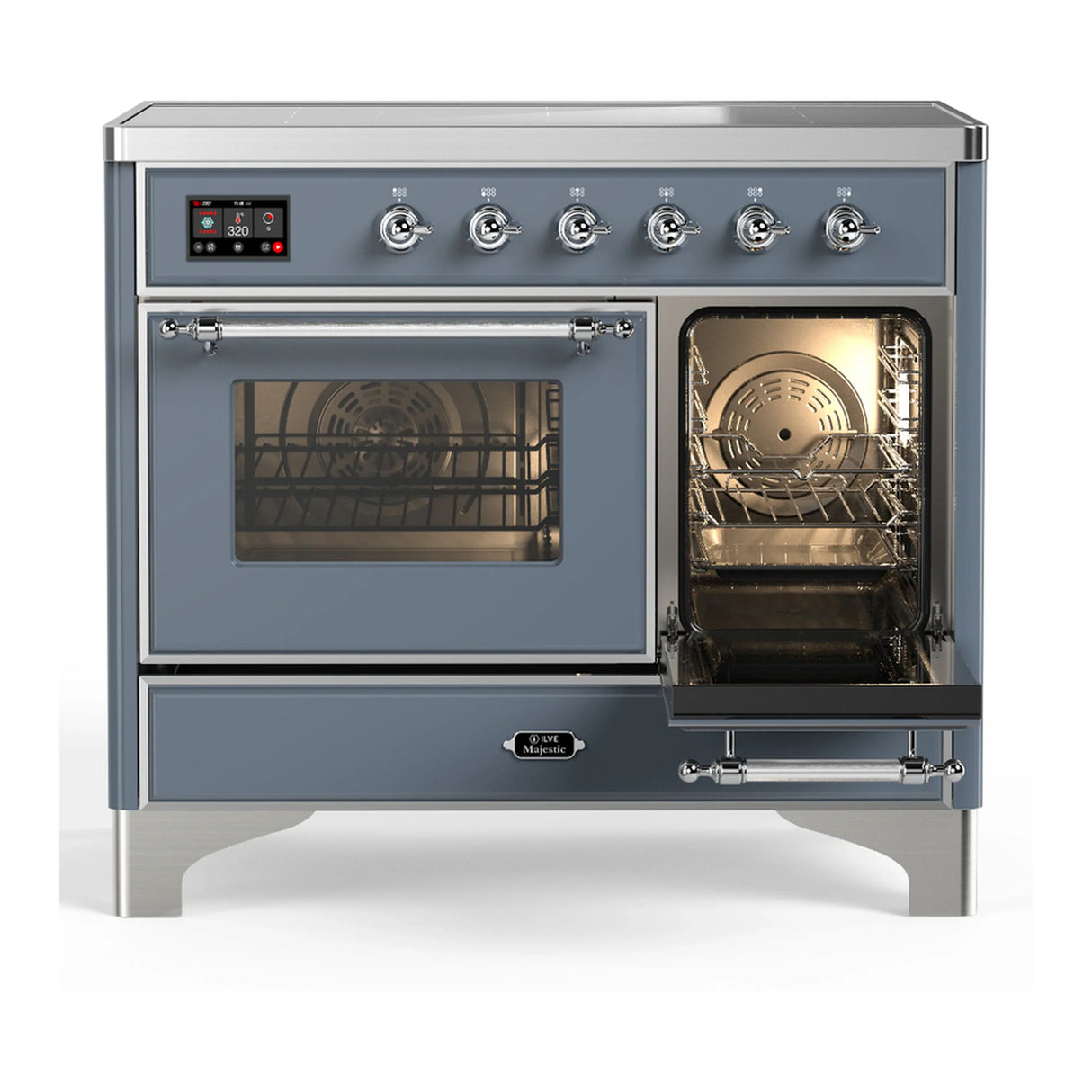 ILVE Majestic III 40-Inch Induction Range with 6 Induction Elements and Triple Glass Door Electric Oven in Blue Grey with Chrome Trim (UMDIB40NR3BGC)