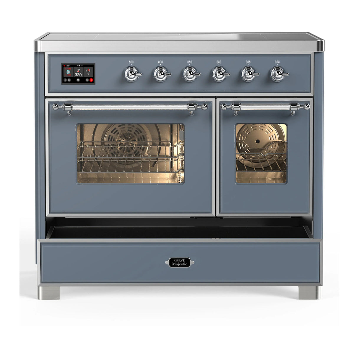 ILVE Majestic III 40-Inch Induction Range with 6 Induction Elements and Triple Glass Door Electric Oven in Blue Grey with Chrome Trim (UMDIB40NR3BGC)