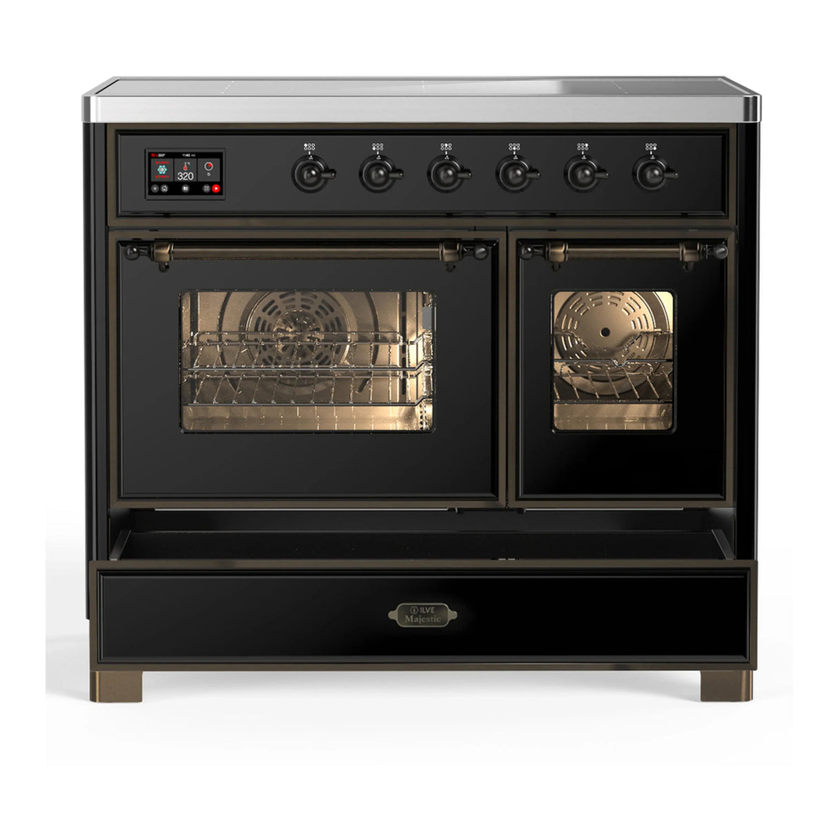 ILVE Majestic III 40-Inch Induction Range with 6 Induction Elements and Triple Glass Door Electric Oven in Glossy Black with Burnished Trim (UMDIB40NR3BKB)