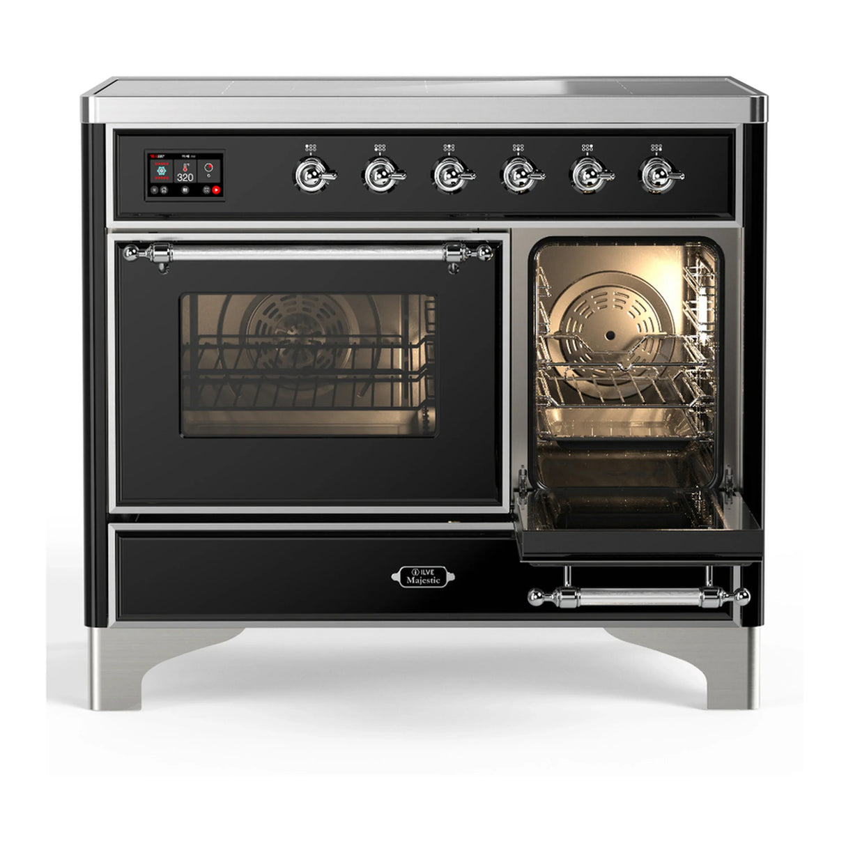 ILVE Majestic III 40-Inch Induction Range with 6 Induction Elements and Triple Glass Door Electric Oven in Glossy Black with Chrome Trim (UMDIB40NR3BKC)