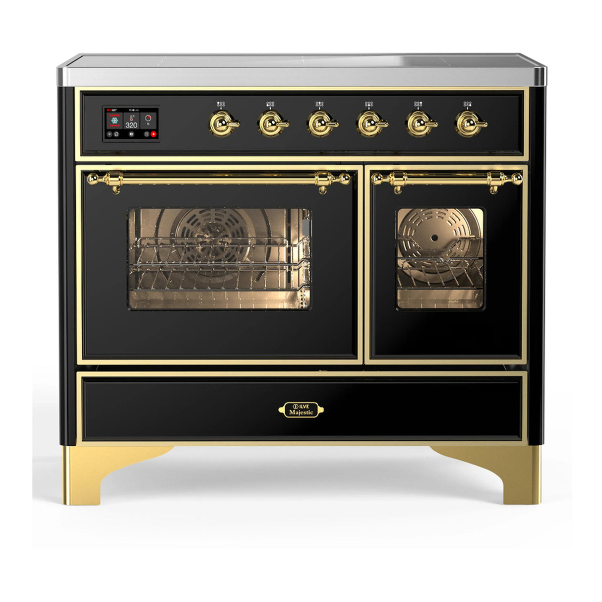 ILVE Majestic III 40-Inch Induction Range with 6 Induction Elements and Triple Glass Door Electric Oven in Glossy Black with Brass Trim (UMDIB40NR3BKG)