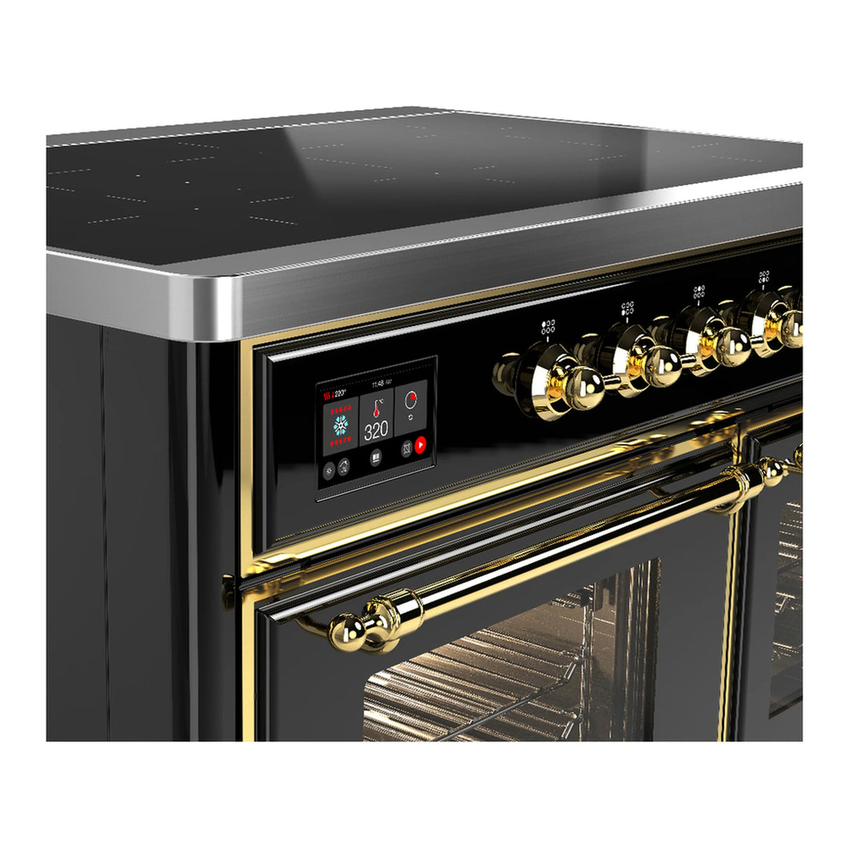 ILVE Majestic III 40-Inch Induction Range with 6 Induction Elements and Triple Glass Door Electric Oven in Glossy Black with Brass Trim (UMDIB40NR3BKG)