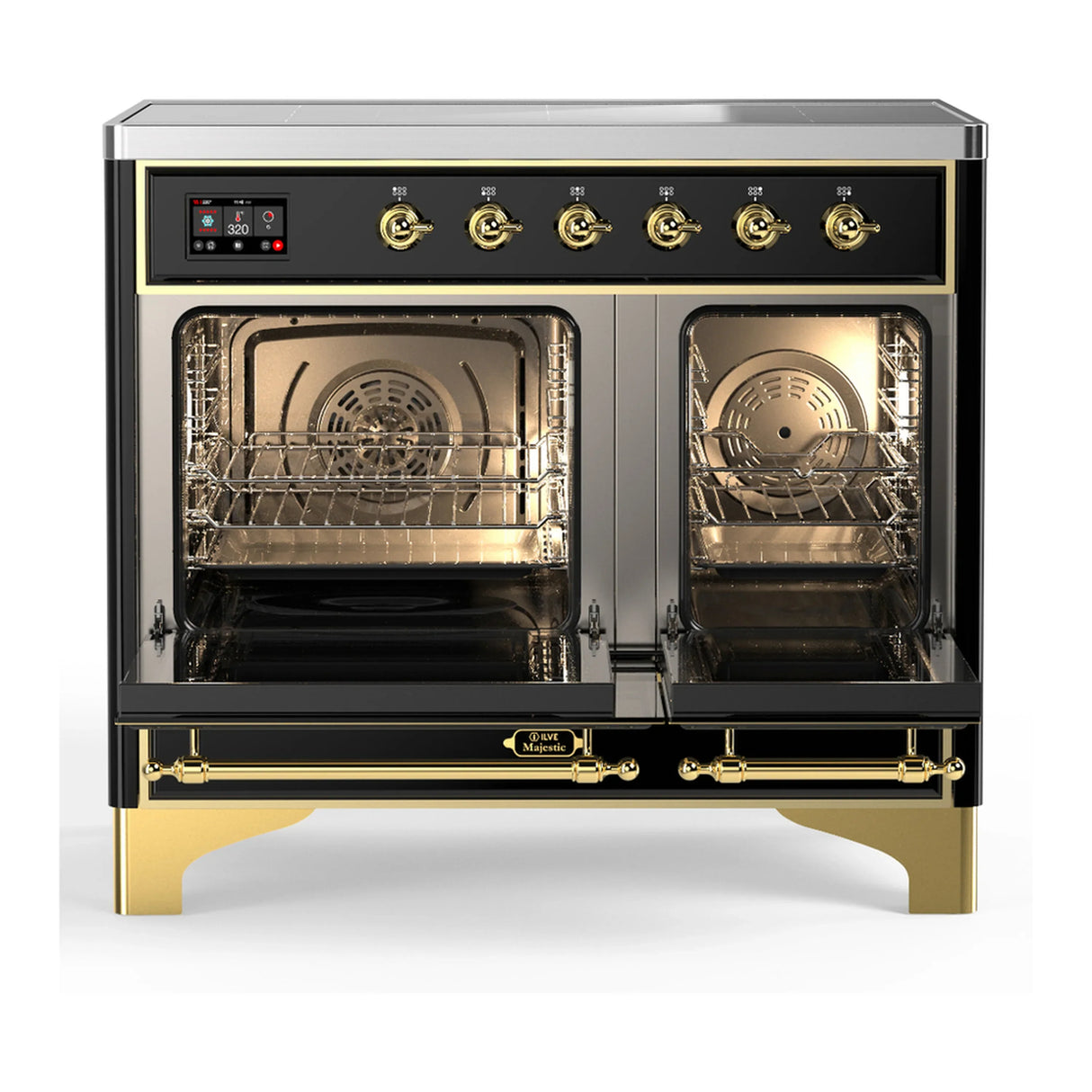 ILVE Majestic III 40-Inch Induction Range with 6 Induction Elements and Triple Glass Door Electric Oven in Glossy Black with Brass Trim (UMDIB40NR3BKG)