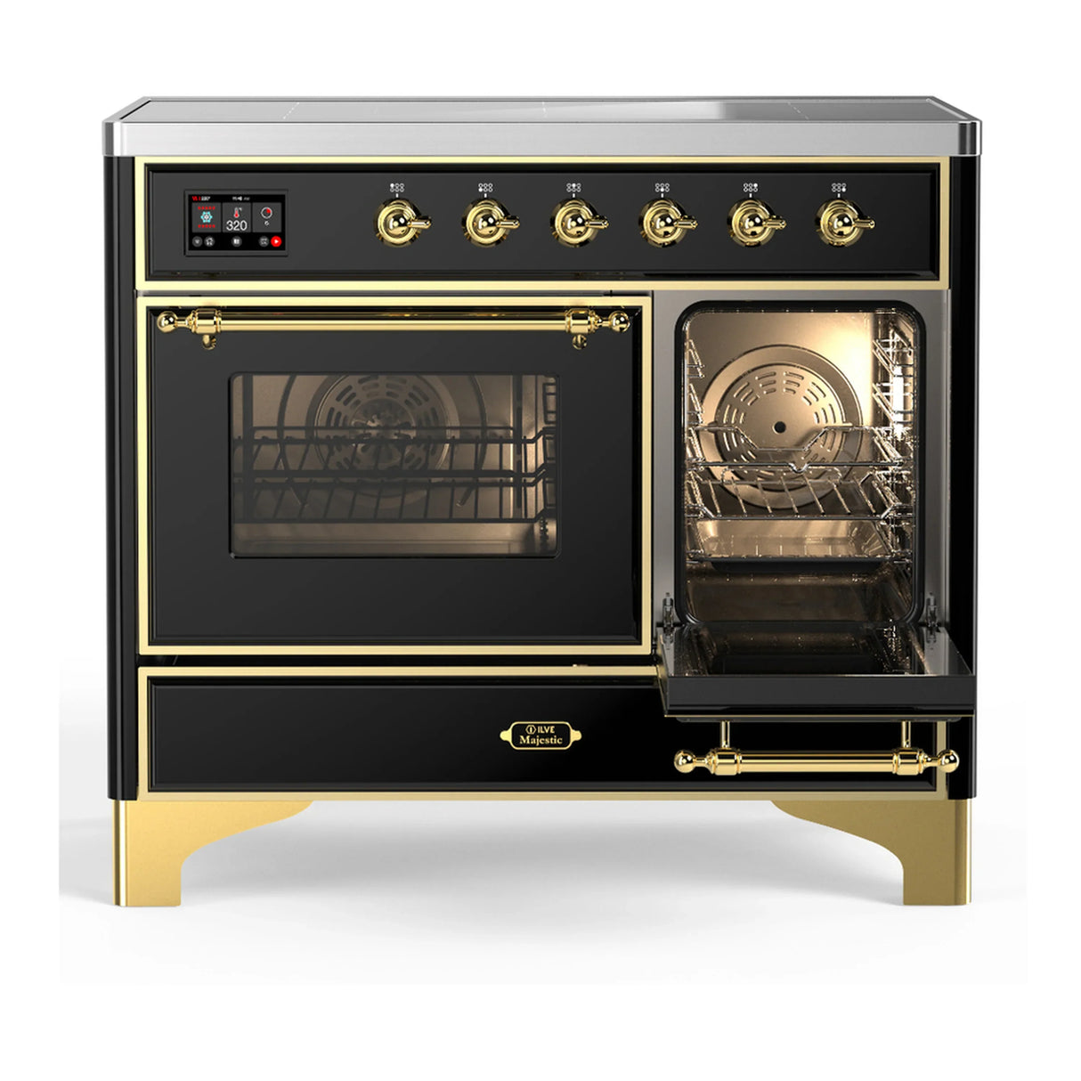 ILVE Majestic III 40-Inch Induction Range with 6 Induction Elements and Triple Glass Door Electric Oven in Glossy Black with Brass Trim (UMDIB40NR3BKG)