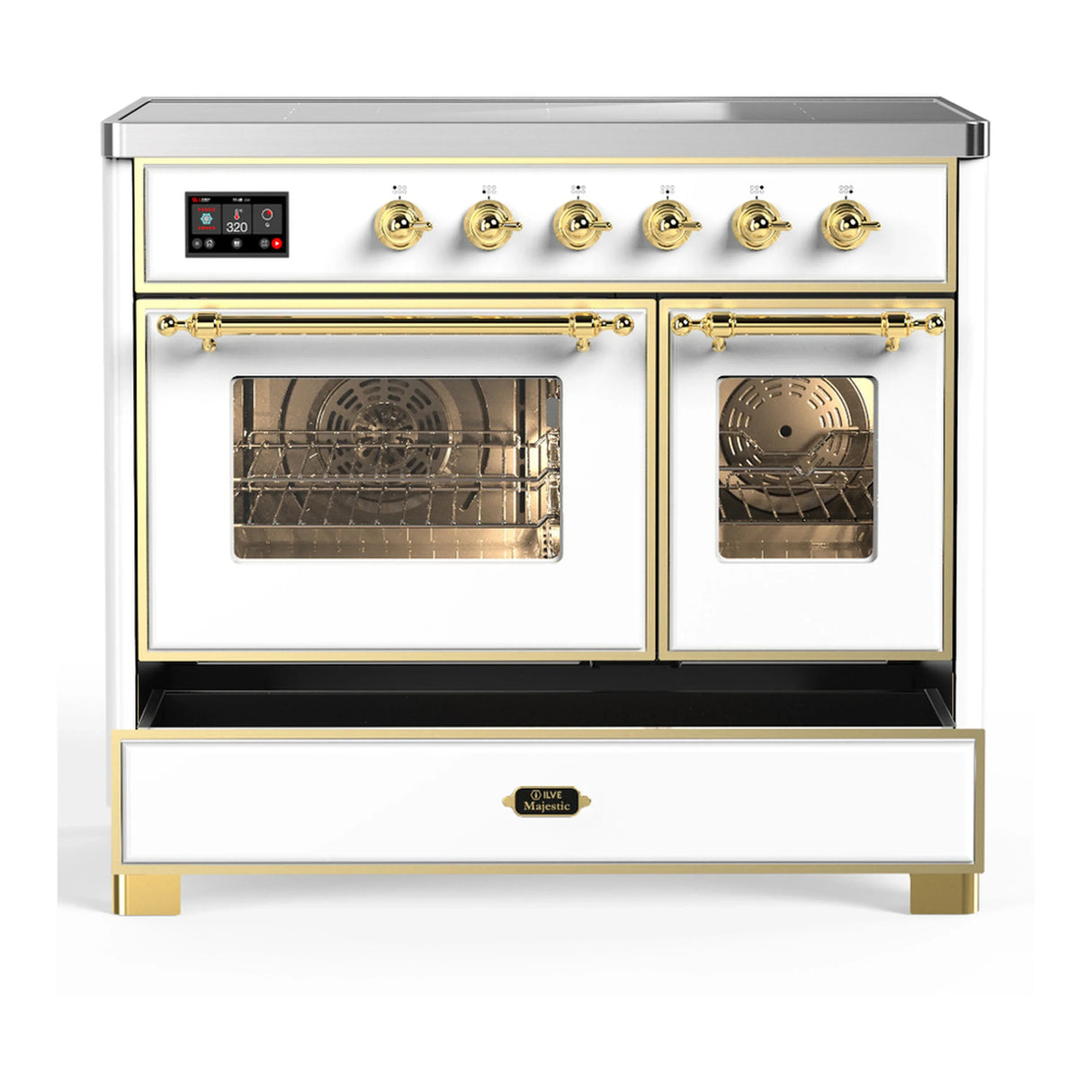 ILVE Majestic III 40-Inch Induction Range with 6 Induction Elements and Triple Glass Door Electric Oven in White with Brass Trim (UMDIB40NR3WHG)