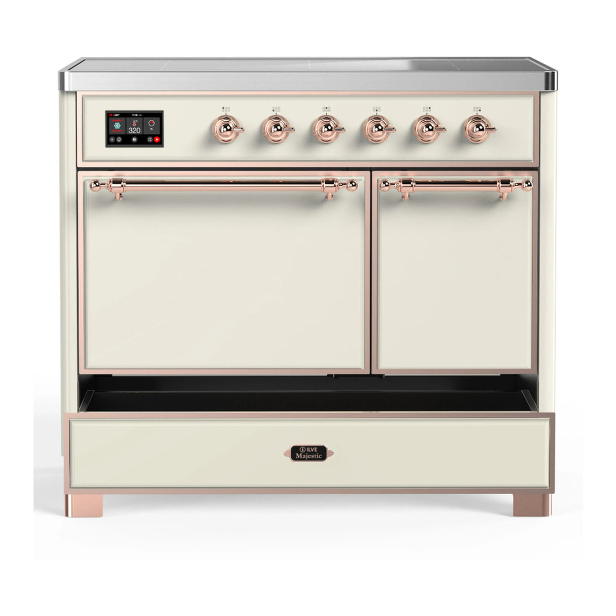 ILVE Majestic III 40-Inch Induction Range with 6 Induction Elements and Solid Door Electric Oven in Antique White with Copper Trim (UMDIB40QNR3AWP)