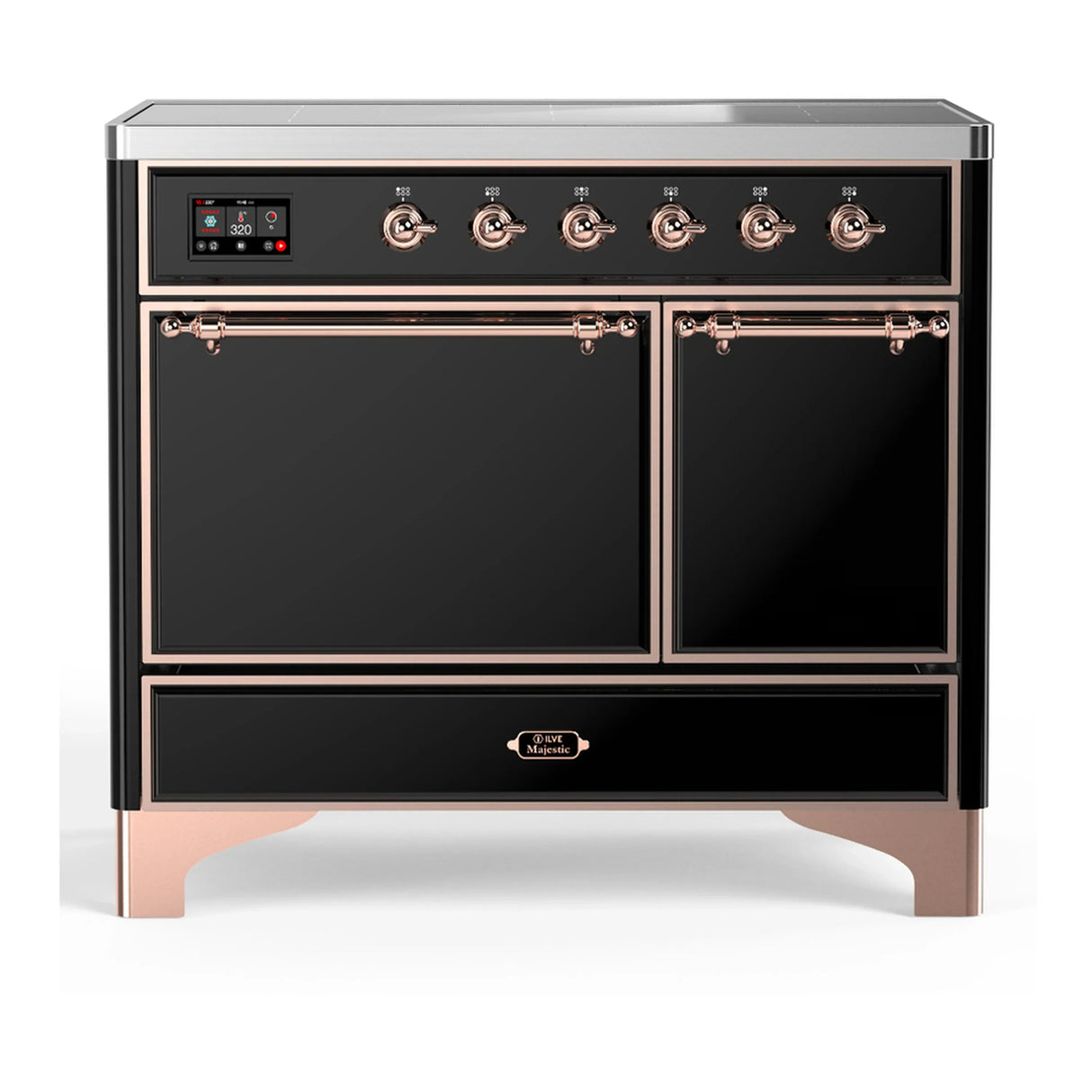 ILVE Majestic III 40-Inch Induction Range with 6 Induction Elements and Solid Door Electric Oven in Glossy Black with Copper Trim (UMDIB40QNR3BKP)