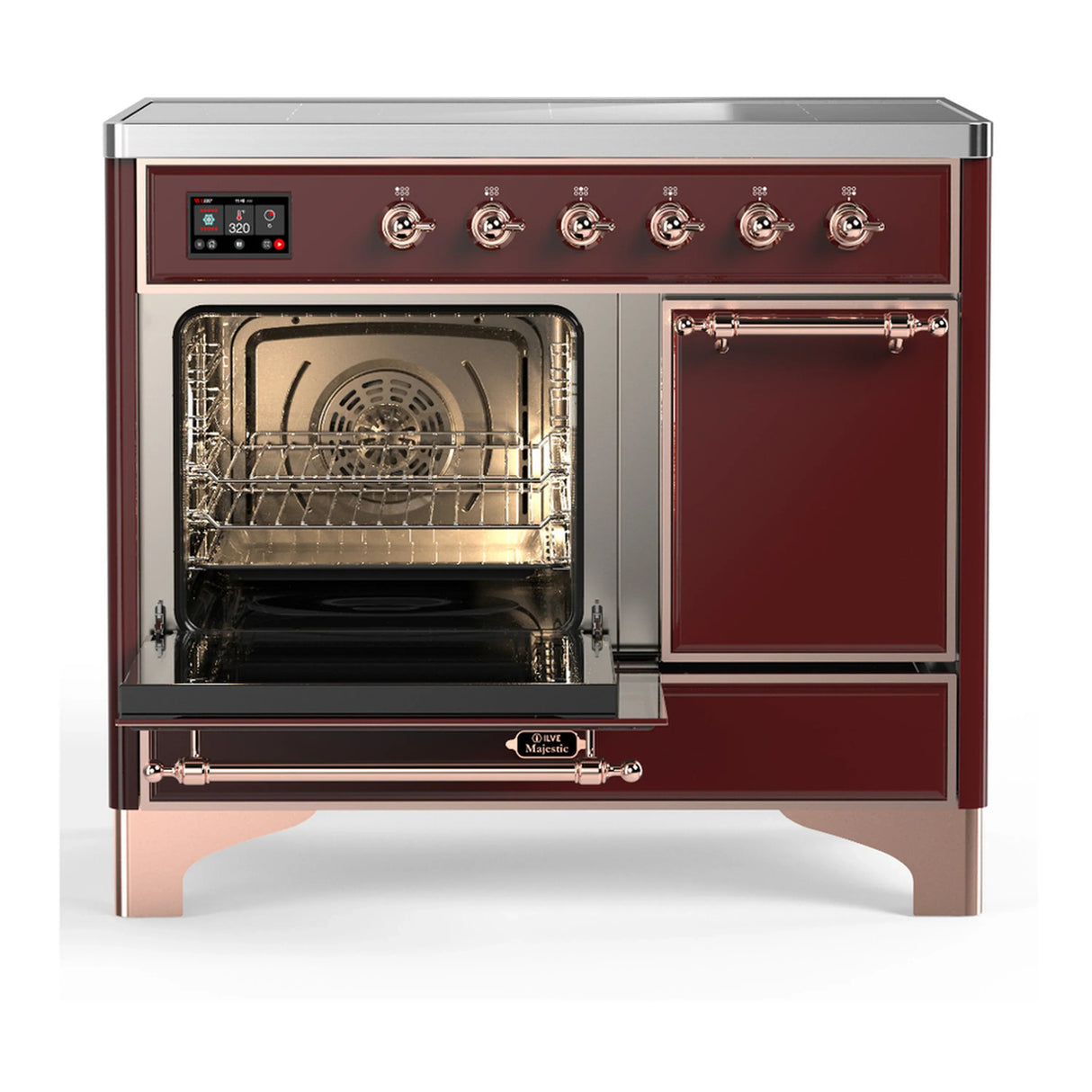 ILVE Majestic III 40-Inch Induction Range with 6 Induction Elements and Solid Door Electric Oven in Burgundy with Copper Trim (UMDIB40QNR3BUP)