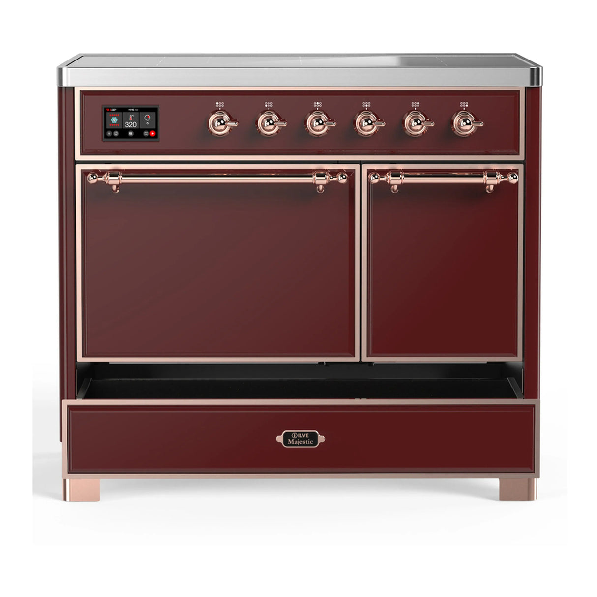 ILVE Majestic III 40-Inch Induction Range with 6 Induction Elements and Solid Door Electric Oven in Burgundy with Copper Trim (UMDIB40QNR3BUP)