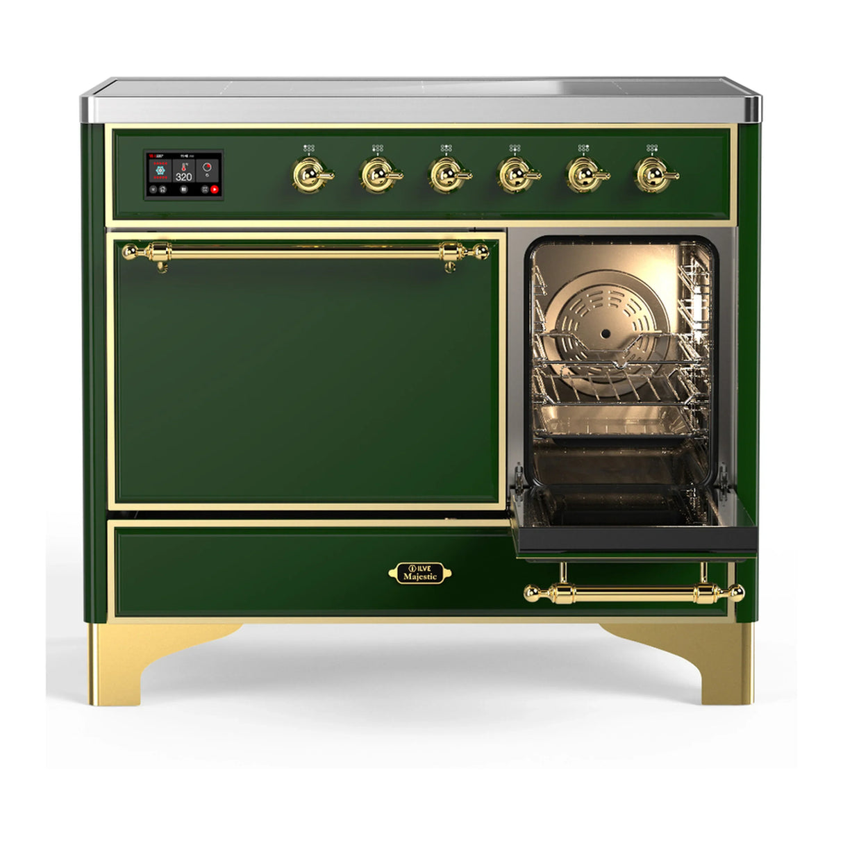 ILVE Majestic III 40-Inch Induction Range with 6 Induction Elements and Solid Door Electric Oven in Emerald Green with Brass Trim (UMDIB40QNR3EGG)